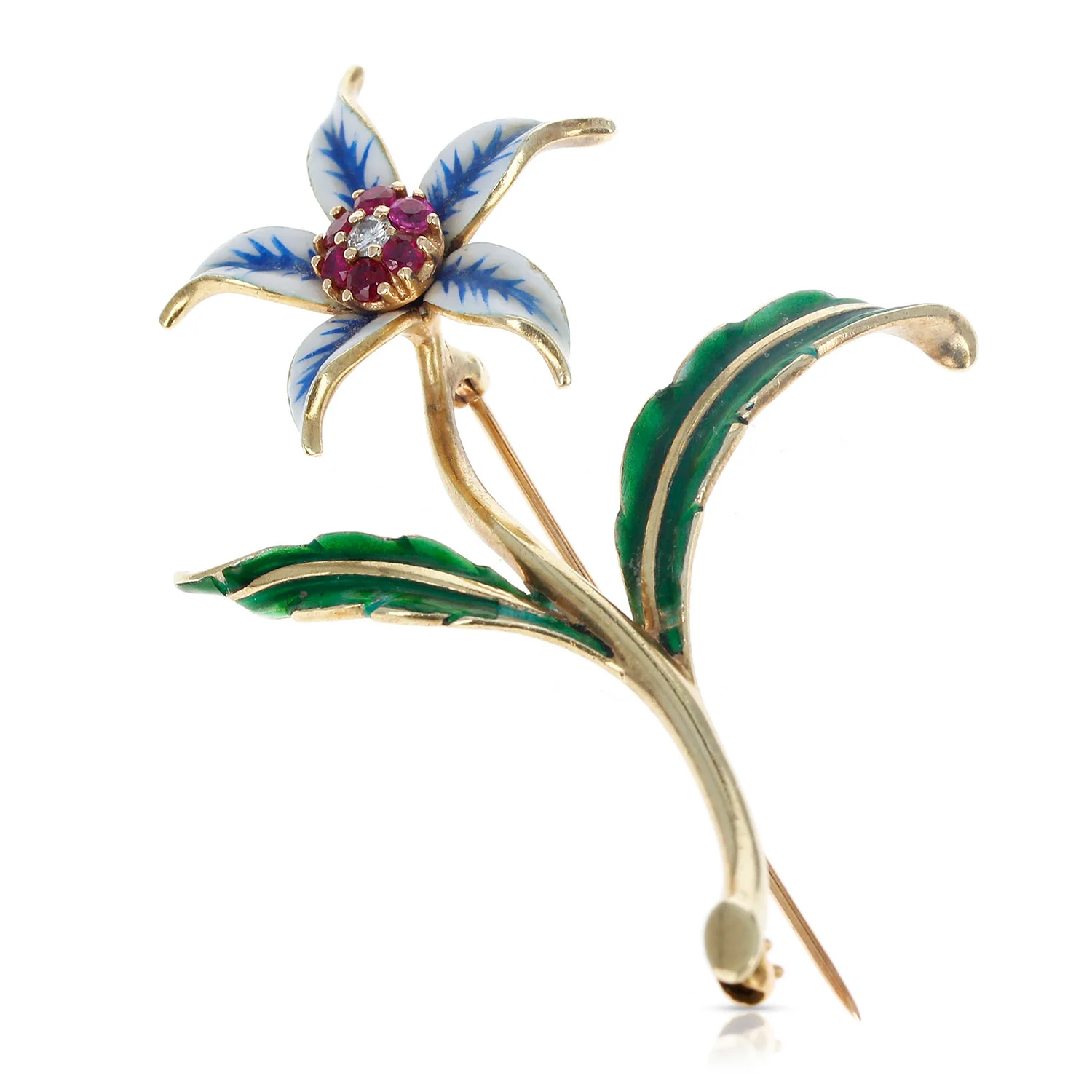 Cartier Floral Pin/Brooch Rubies, Diamonds and Enamel, 18 Karat Yellow Gold