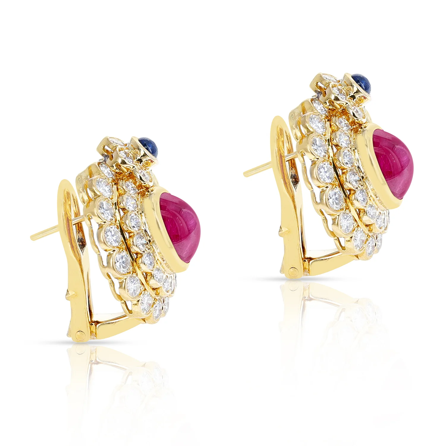 Oval Ruby Cabochon and Sapphire Cabochon and Diamonds Earrings