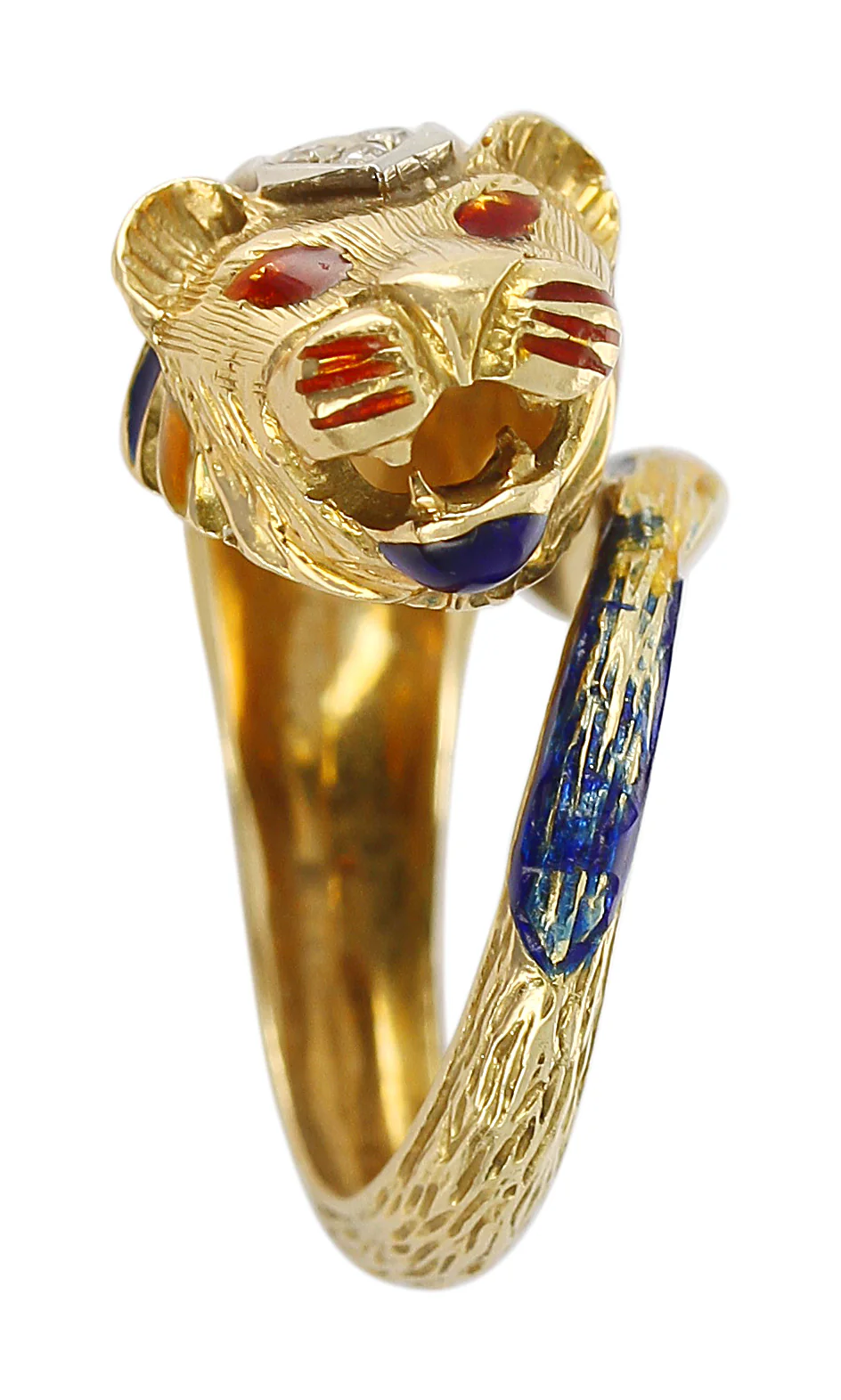Lion Enamel Ring with Diamonds in 18 Karat Yellow Gold