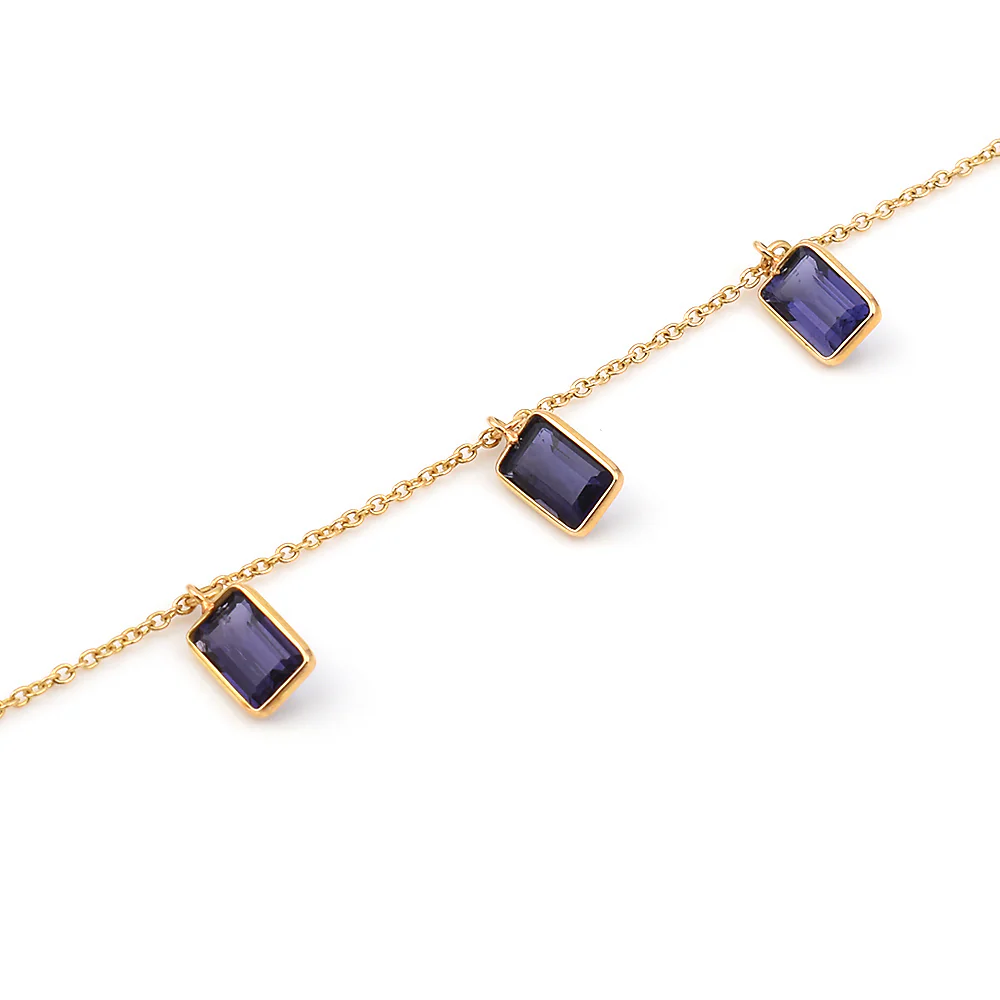 Violet Iolite Rectangular Dangling Stone Bezel-Set Bracelet, 18K Yellow Gold