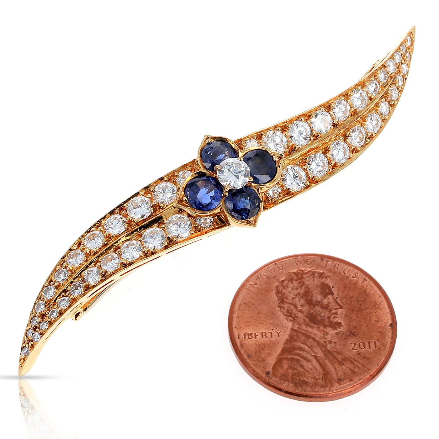 French Van Cleef & Arpels Sapphire Floral and Diamond Pin/Brooch, 18K Yellow