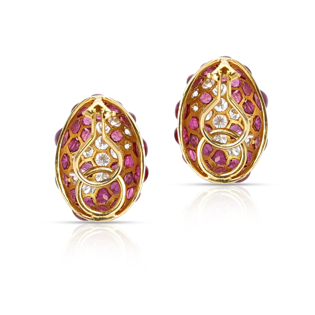 17 ct. Ruby Cabochon and 4 ct. Round Diamond Cluster Earrings, 18K