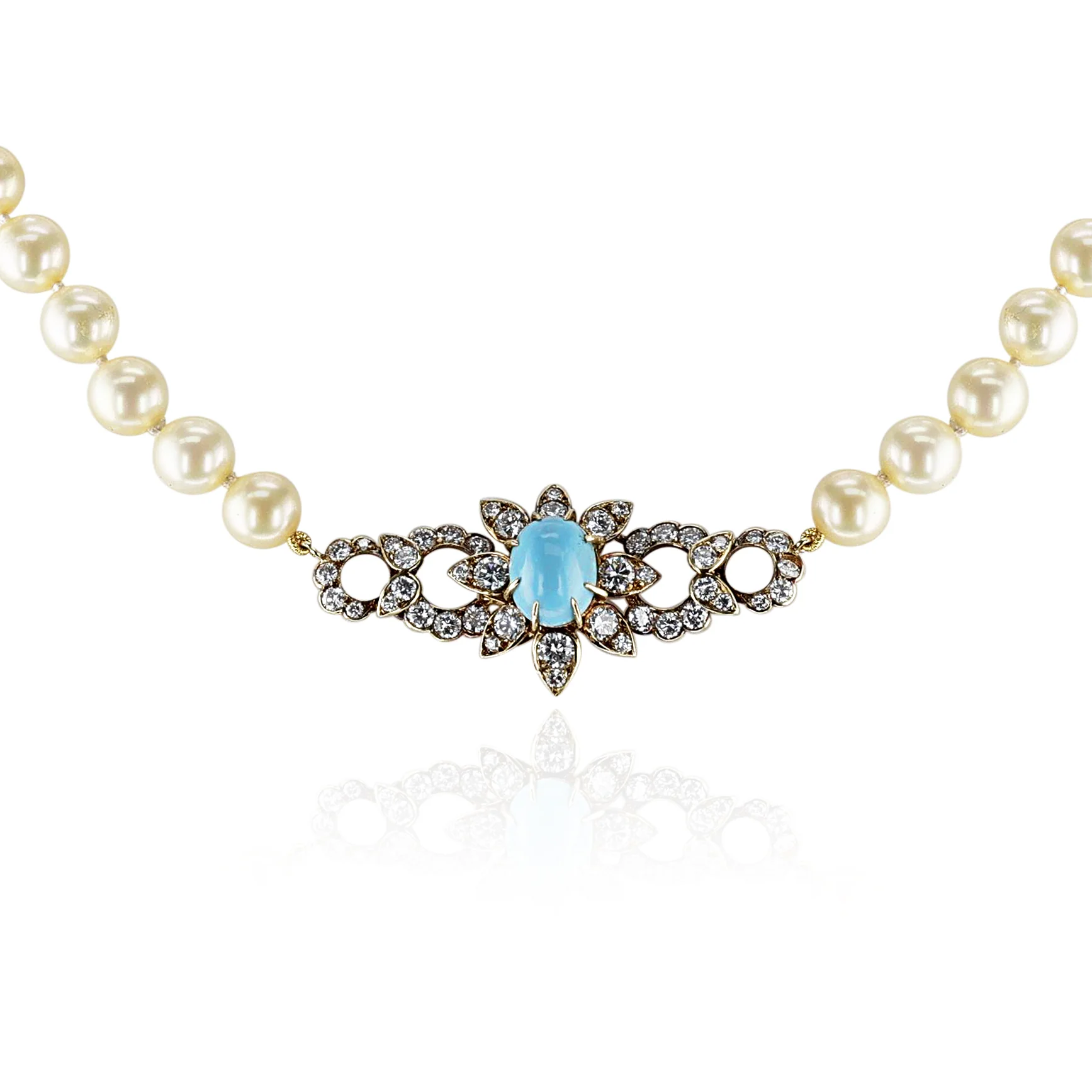 M. Gérard Paris Turquoise, Pearl, & Diamond, 18k Earrings + Necklace Set