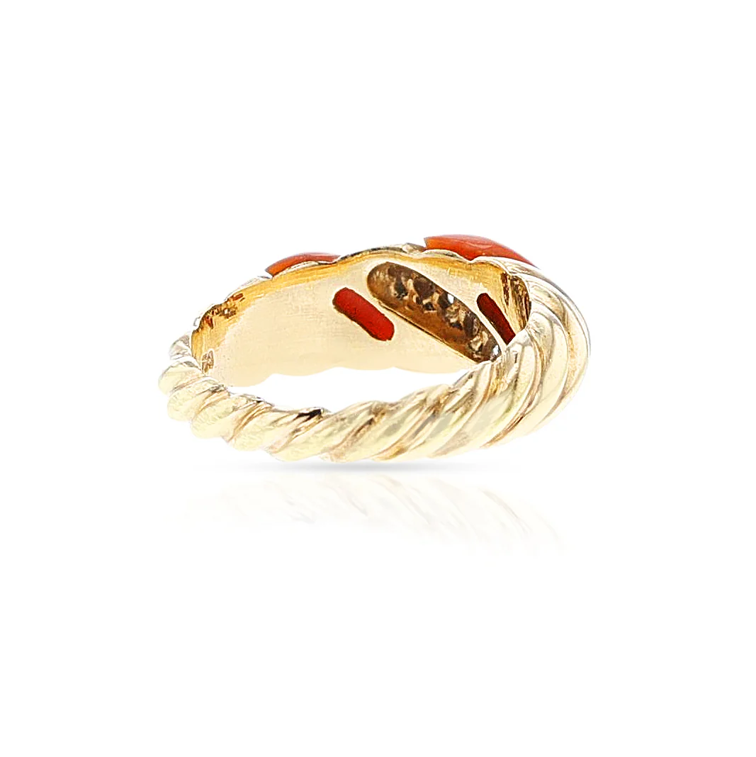 Coral, Diamond and Gold Twisted Ring, 18k