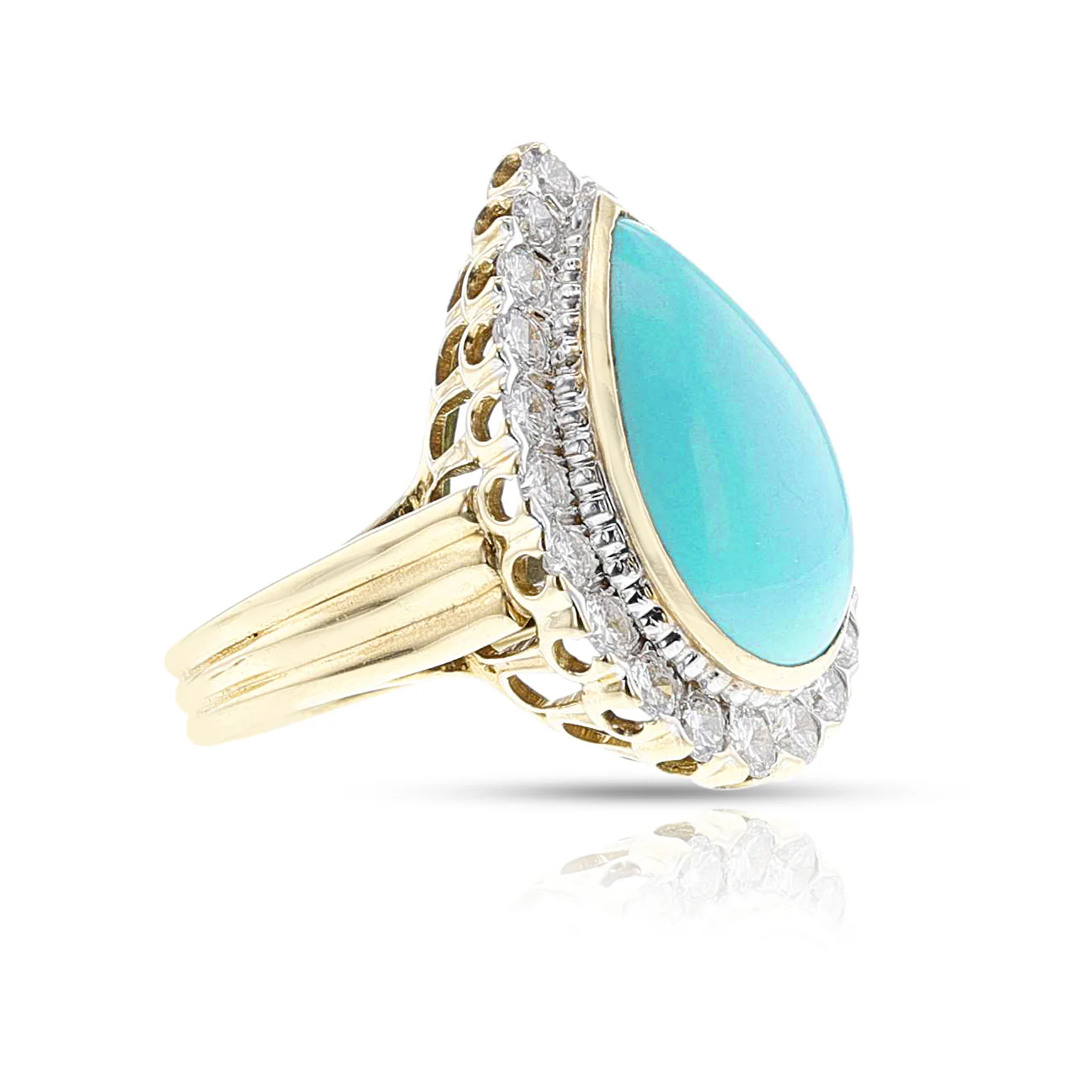 1970s David Webb Turquoise Cabochon and Diamond Ring, 18k and Platinum