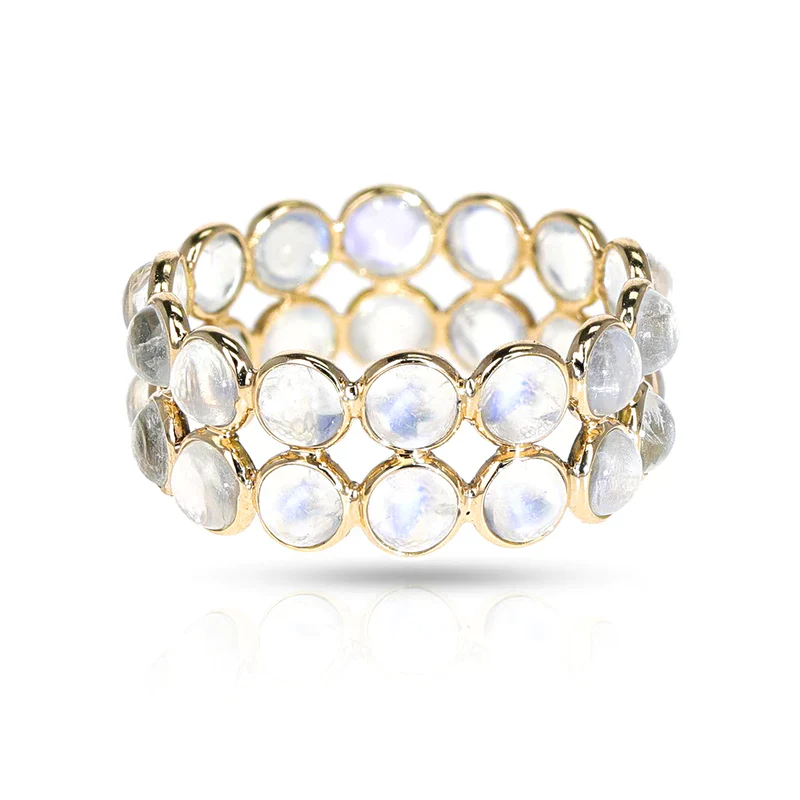 Purple Amethyst Round Cabochon Double Line Band, Yellow Gold