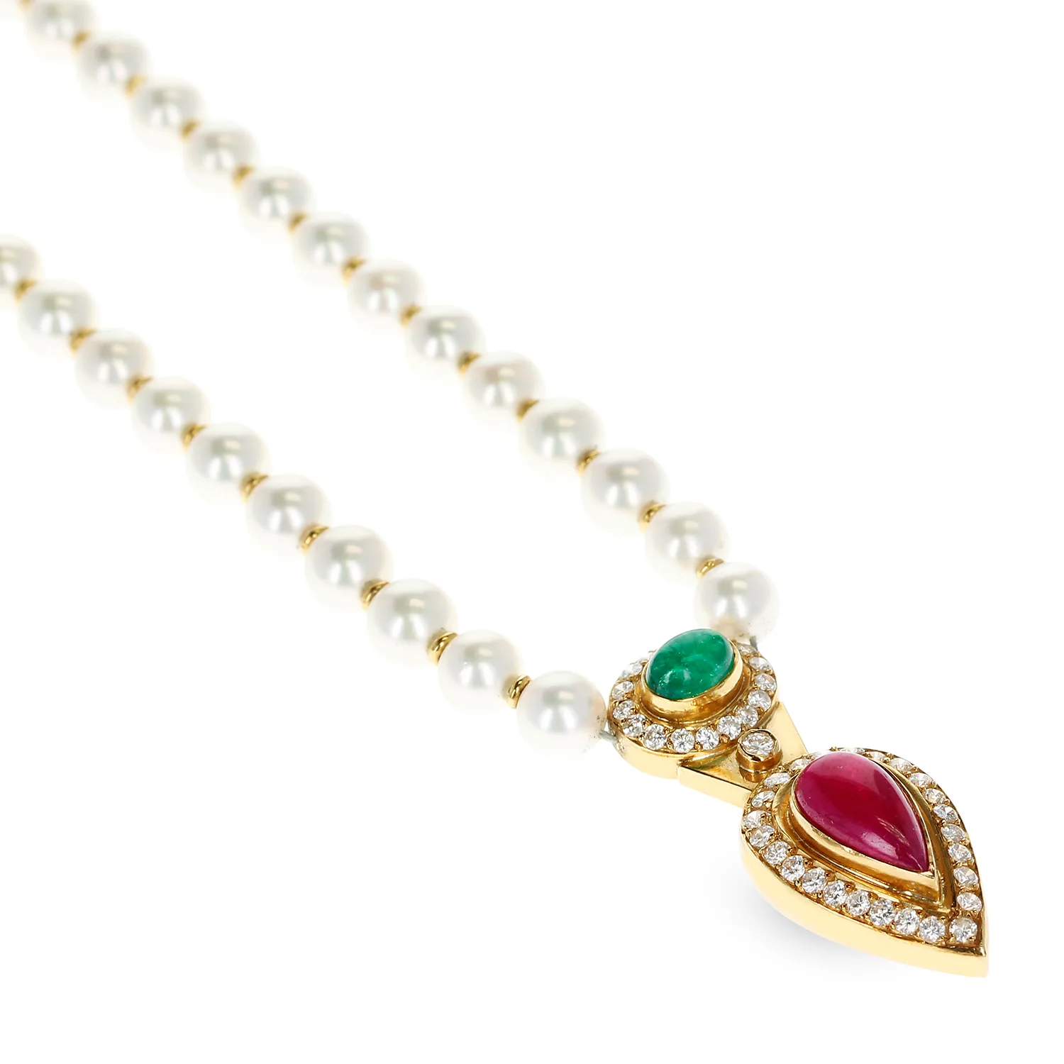 Cultured Pearl Beads Necklace with an Emerald and Ruby Cabochon, and Diamonds