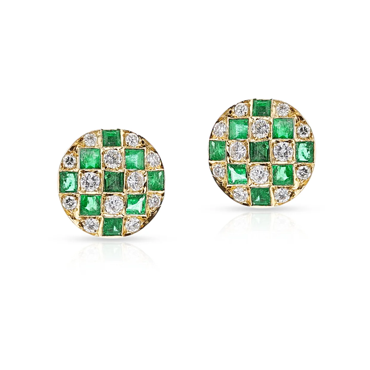 Emerald and Diamond Checkerboard Stud Earrings, 18k