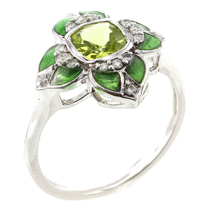 Floral Green Enamel Ring with Peridot and Diamonds