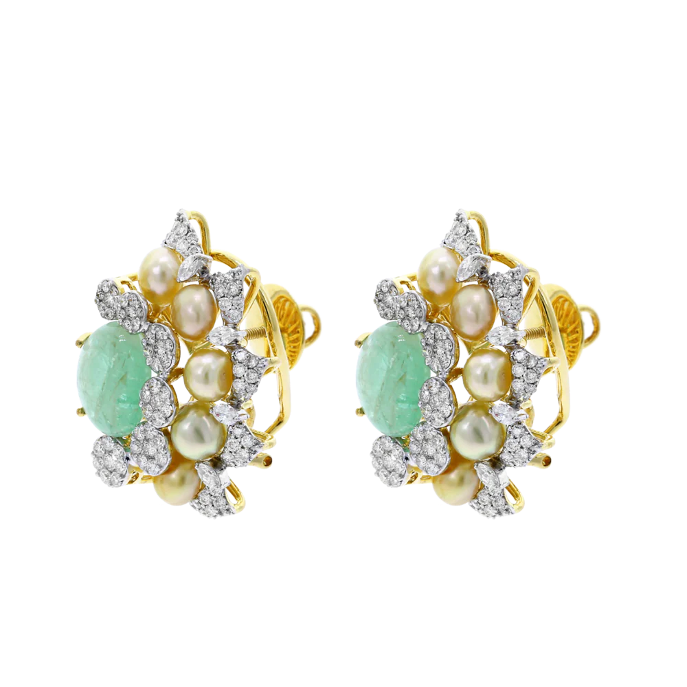 Curved Emerald, Diamond, and Pearl Earrings, 18K Gold