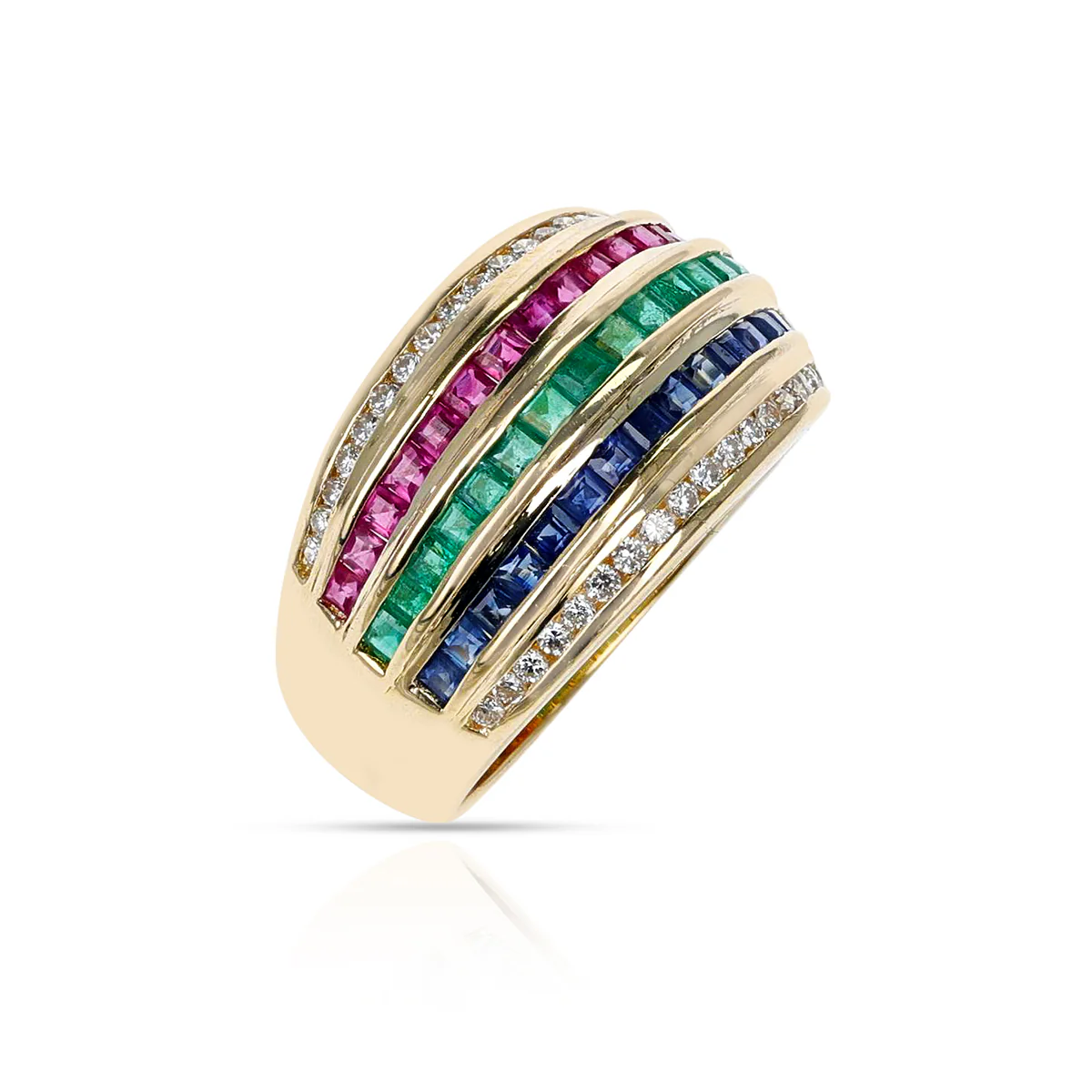 Diamond, Blue Sapphire, Emerald, Ruby Five Row Invisibly Set Cocktail Ring, 18K