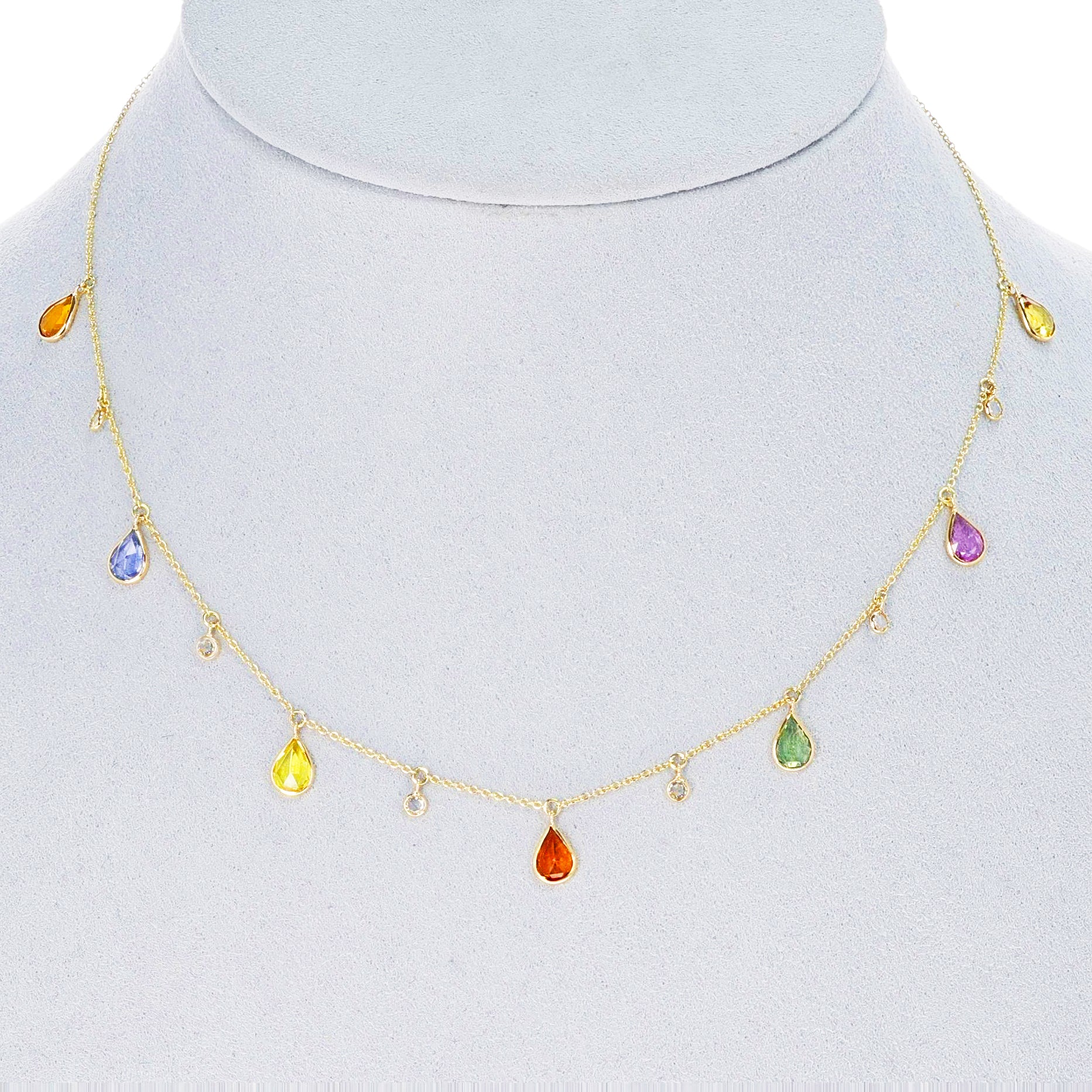 Pear Shape Multi-Sapphire and Diamond Rose Cut Drops Necklace, 18K