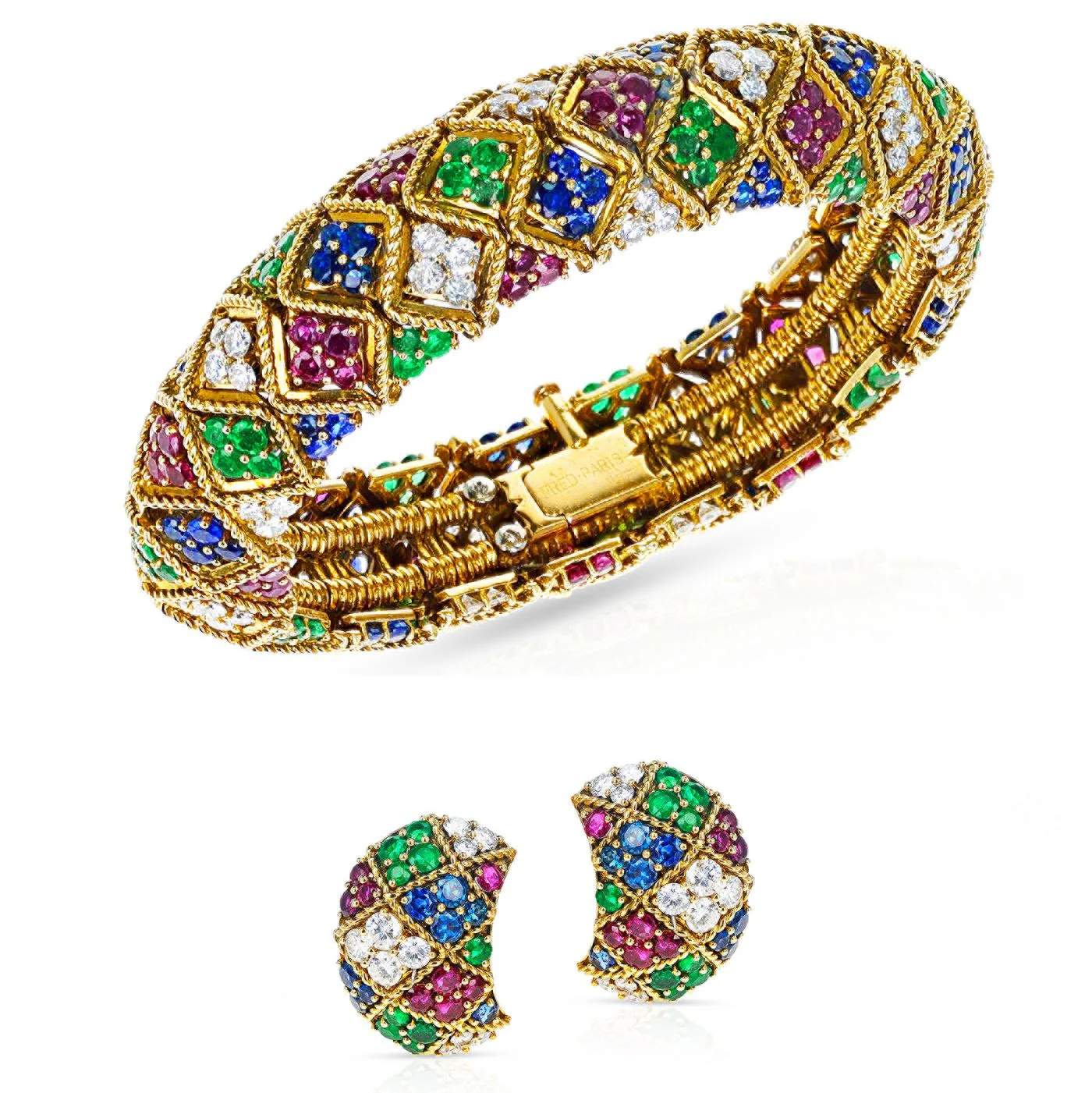 Fred Paris Ruby, Emerald, Sapphire and Diamond Bangle, 18k