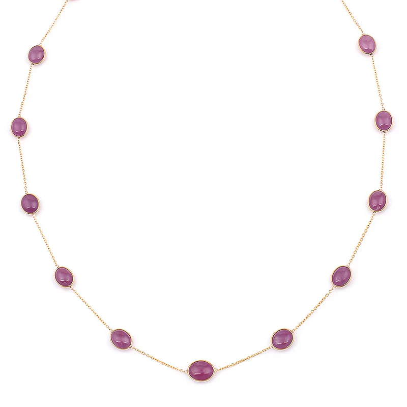 Dark Green and Red Tourmaline Cabochon Necklace, 18K Gold