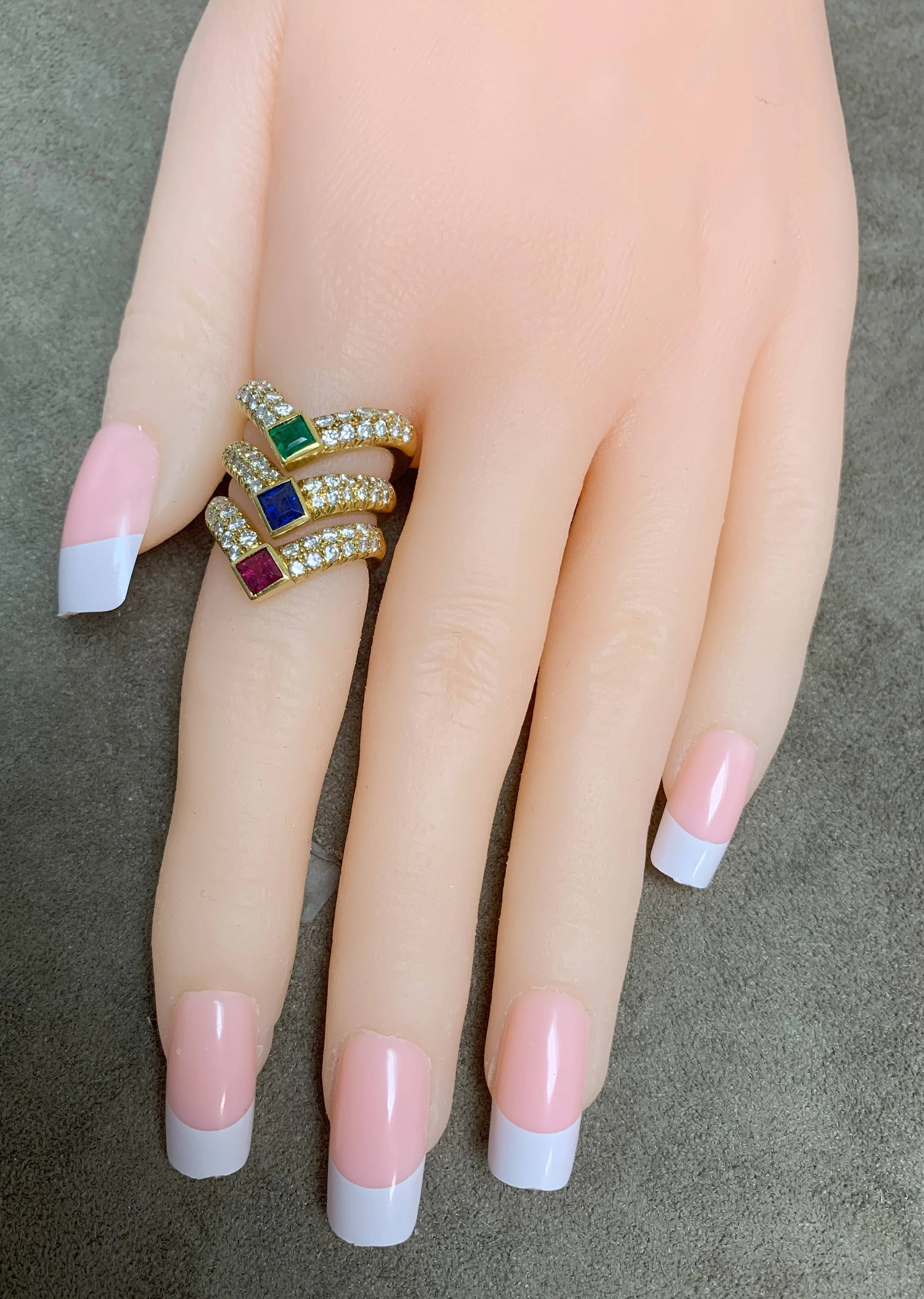 Van Cleef & Arpels Emerald Ruby Sapphire and Diamond Three Band Stacking Ring