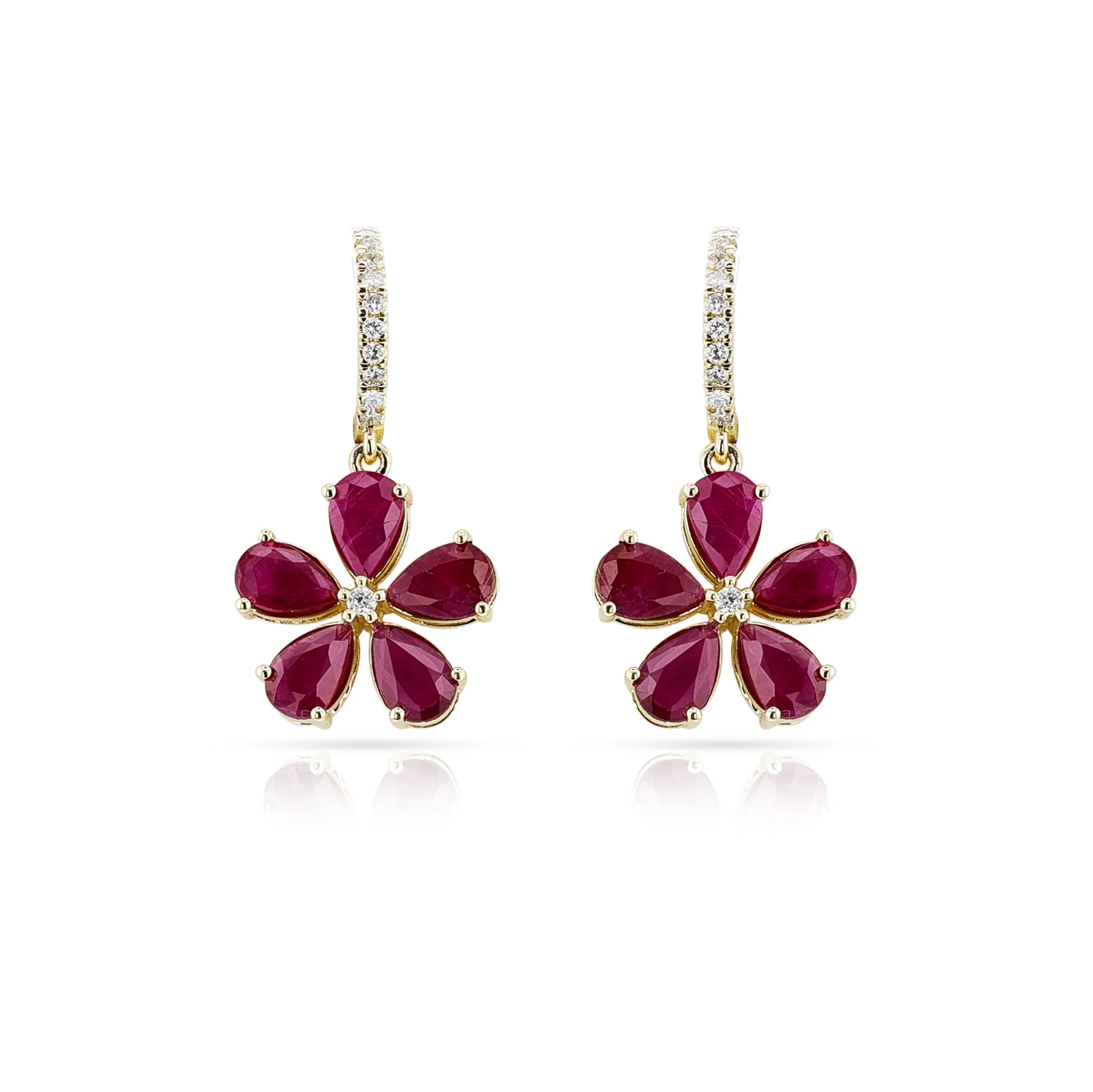 Floral Pear Ruby and Diamond Dangling Hoop Earrings, 14k Yellow Gold
