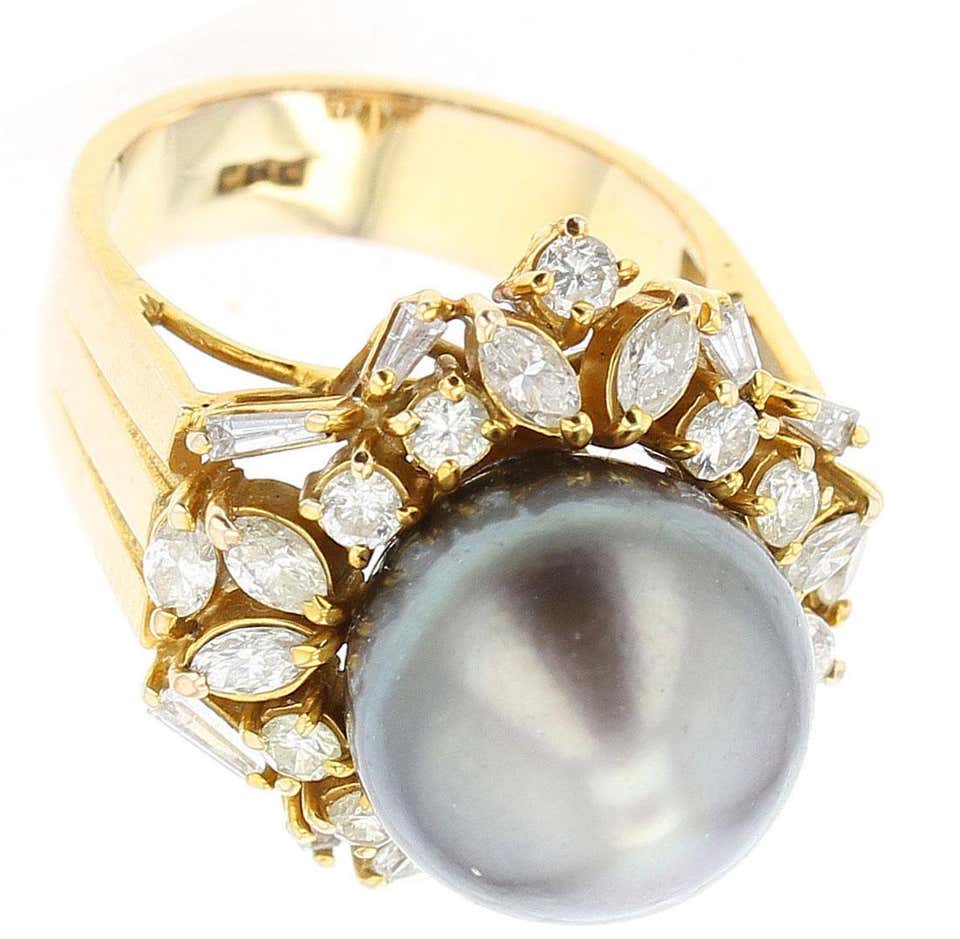 Gray Tahitian Cultured Pearl and Diamond Ring, 14 Karat Yellow Gold