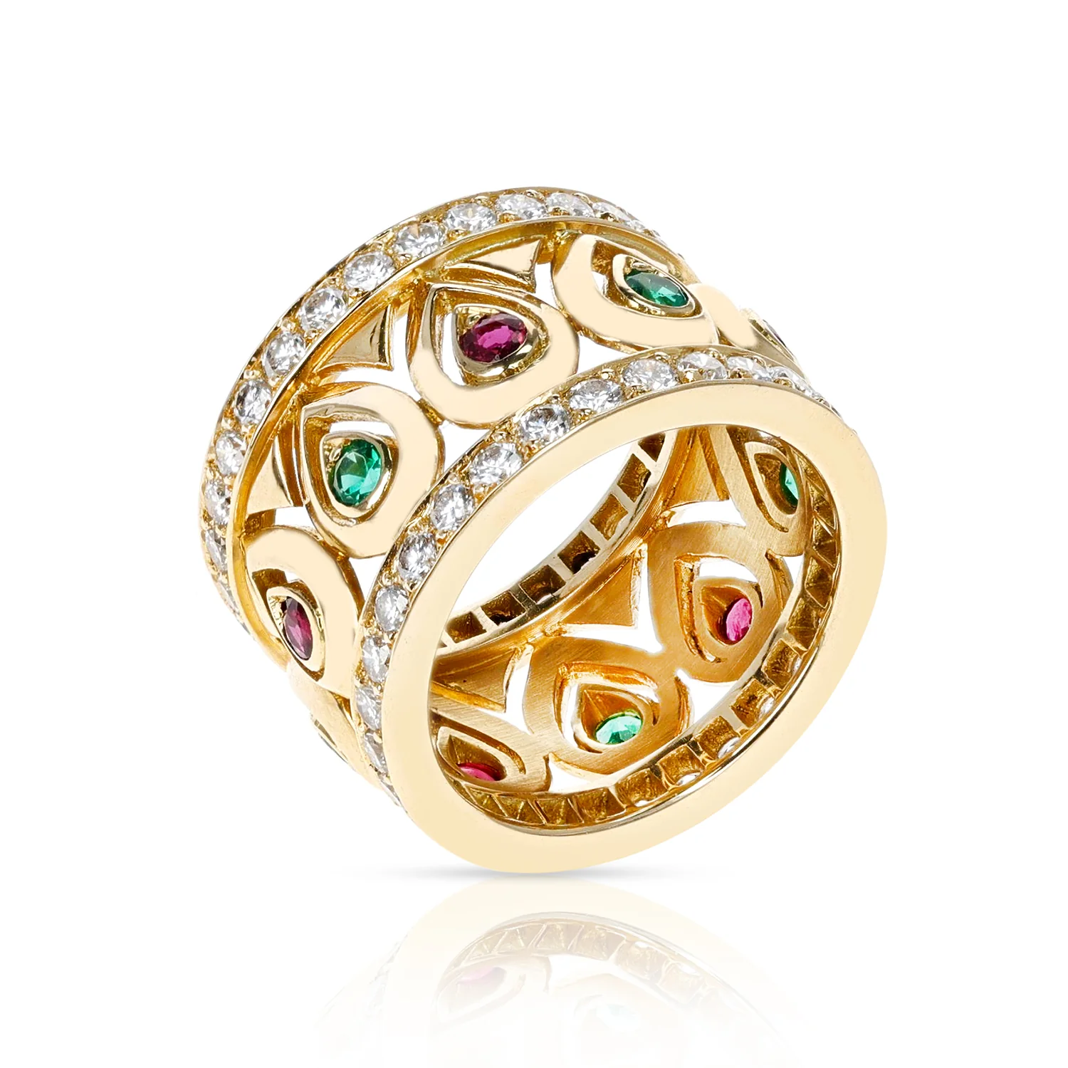 French Cartier Ruby and Emerald with Double Diamond Border Band, 18K with Certificate