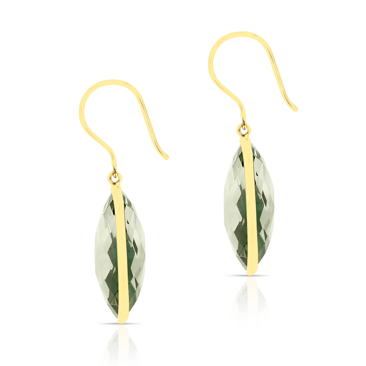 Green Amethyst Cushion Shape Dangling Earrings made in 18 Karat Yellow Gold.