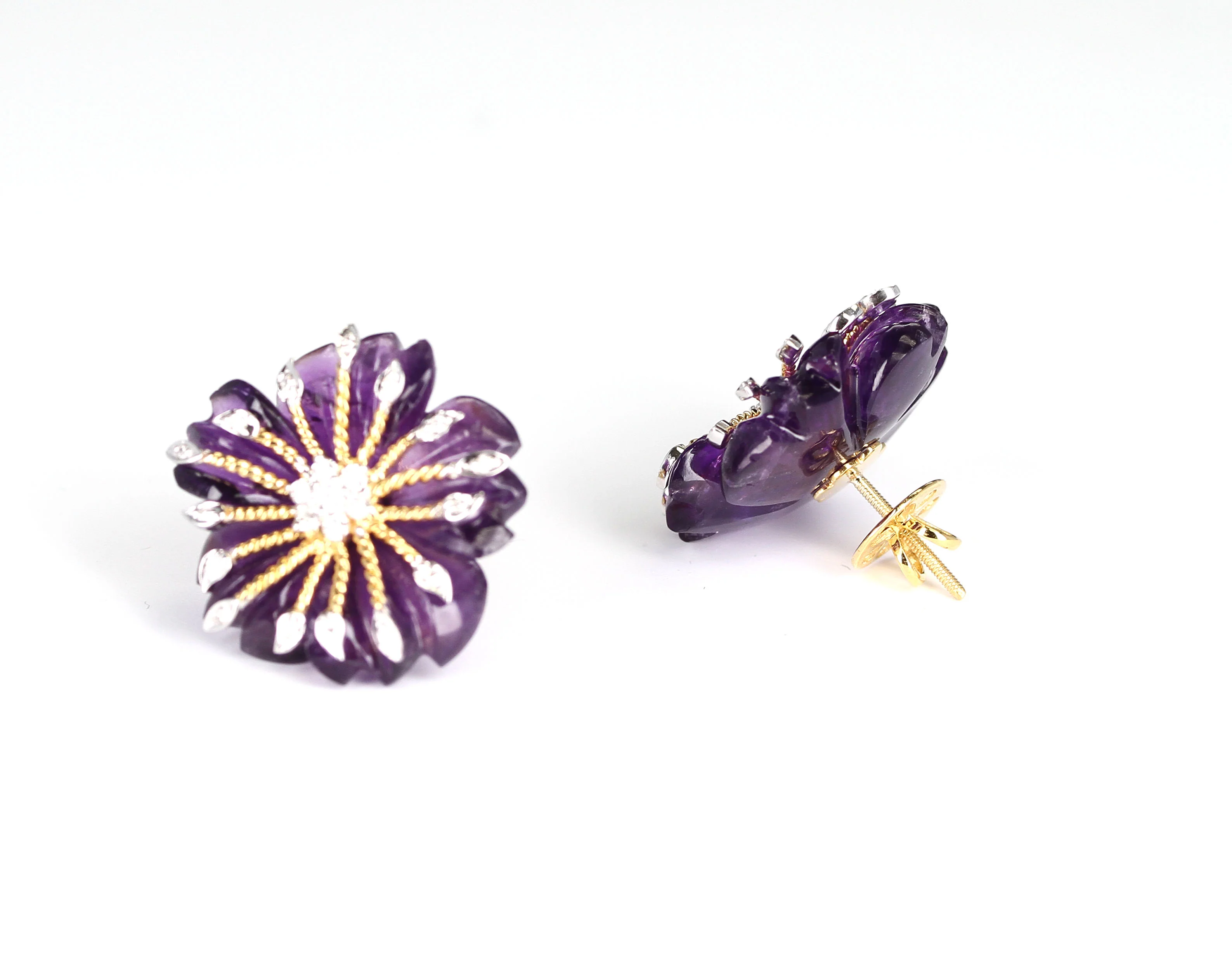 Carved Round Floral Amethyst Earrings with Diamonds