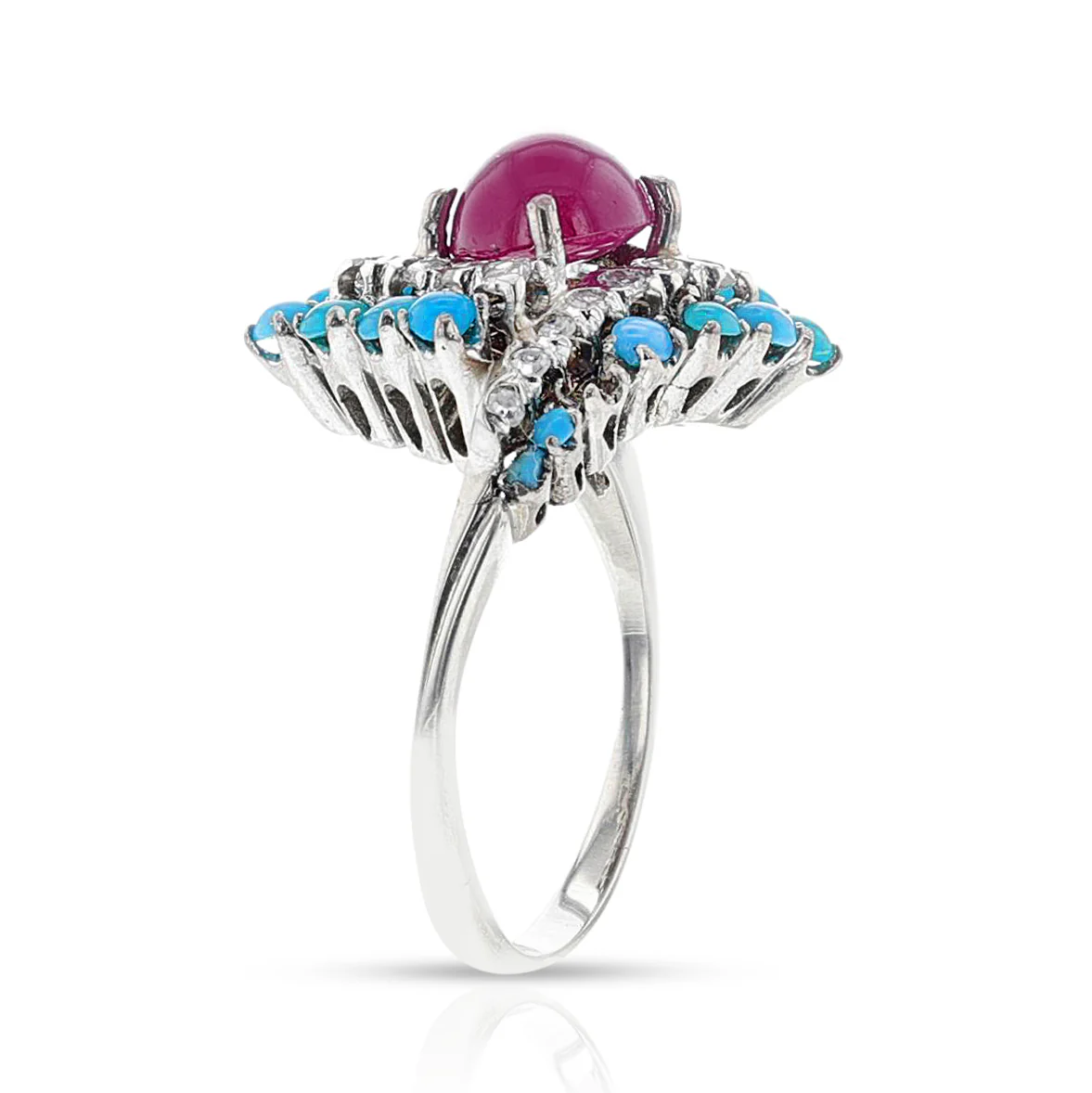 Ruby and Turquoise Cabochon Ring with Diamonds, 18k