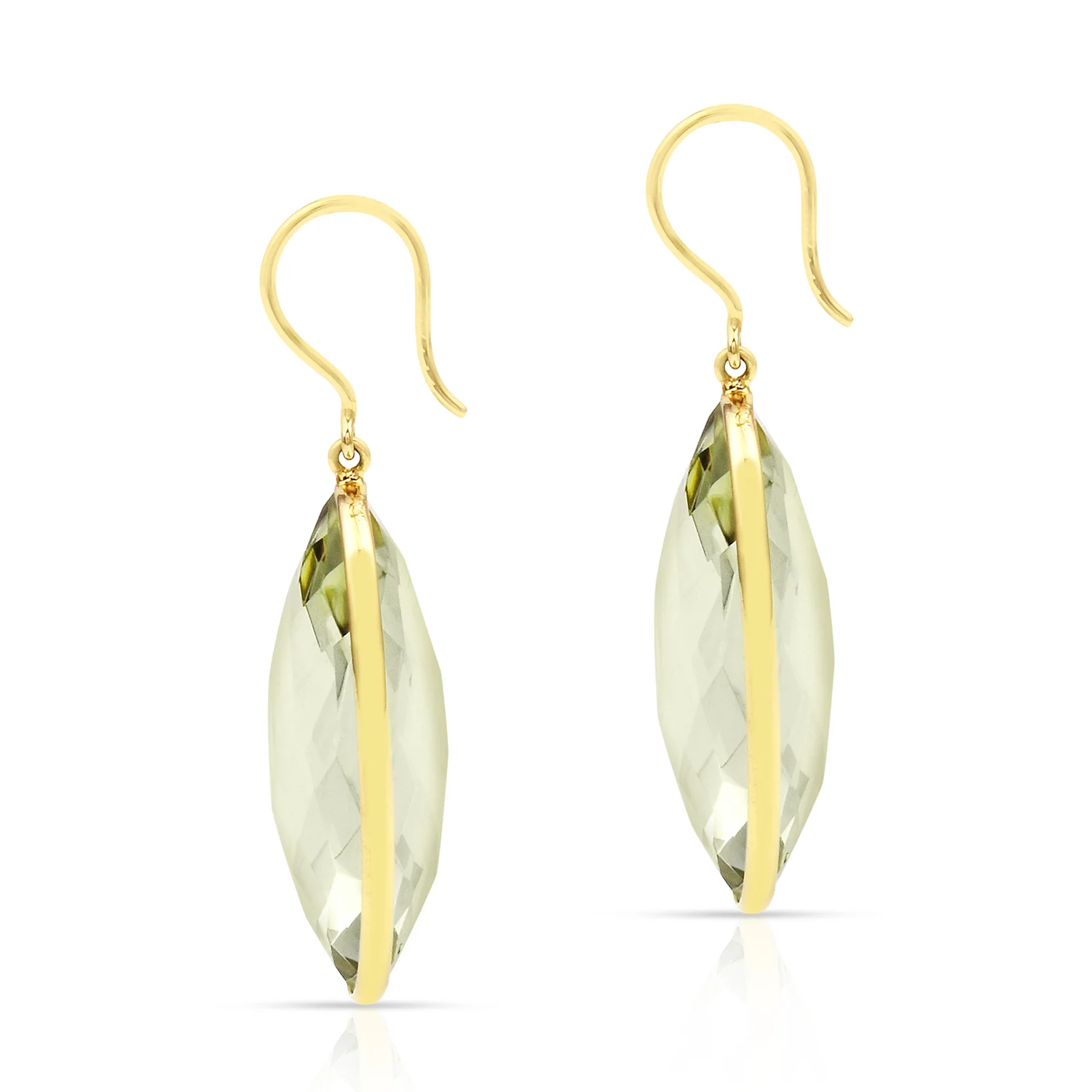 Green Amethyst Oval Shape Dangling Earrings made in 18 Karat Yellow Gold.