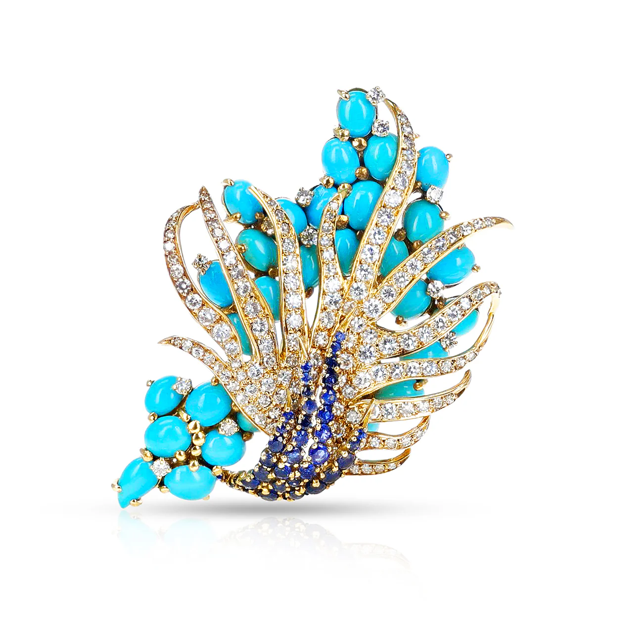 Sterlé  Pierre Turquoise, Sapphire and Diamond Earring and Brooch Set, French