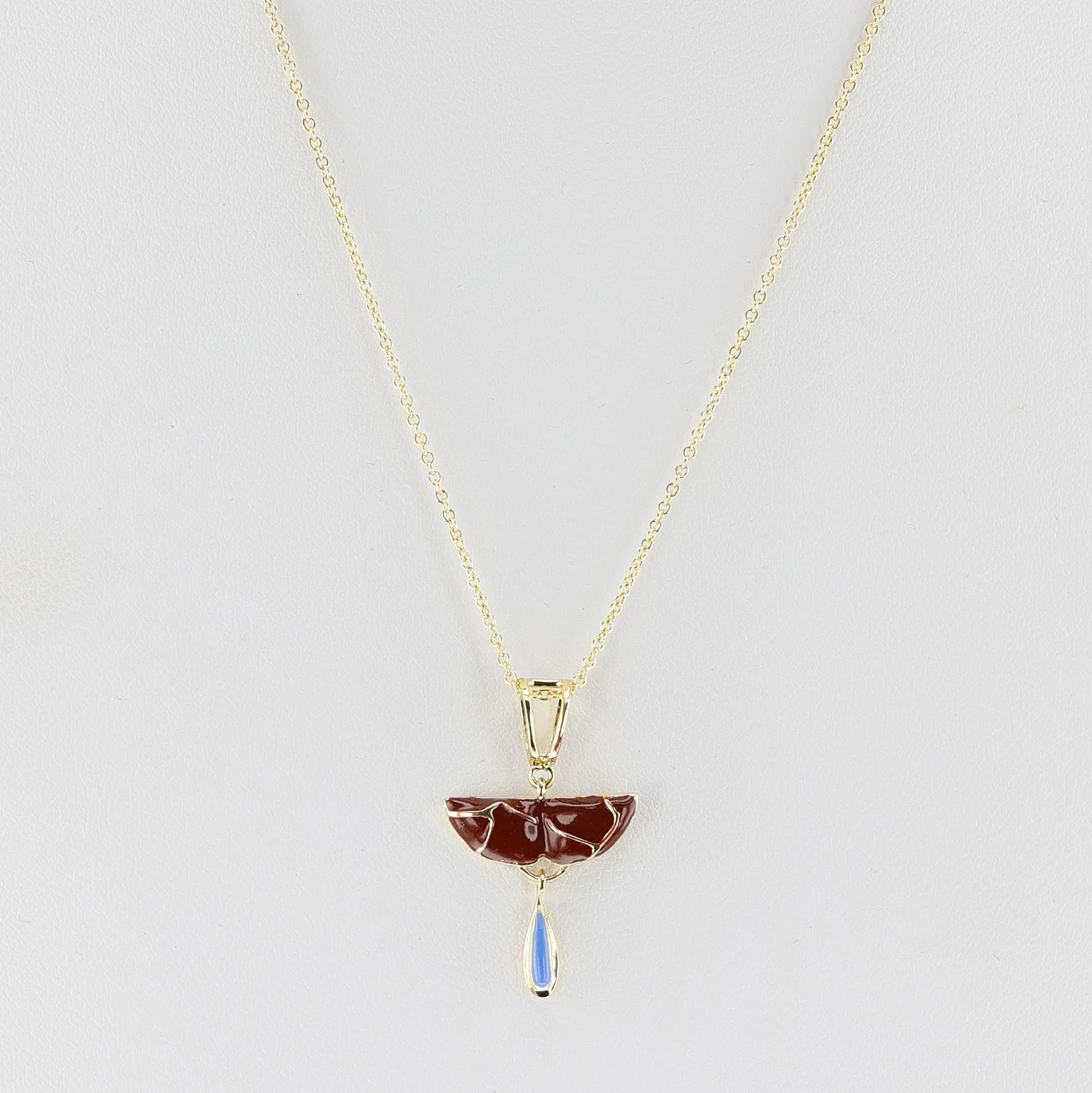 Red and Blue Enamel and Gold Lining Kintsugi Pendant Necklace, 14k