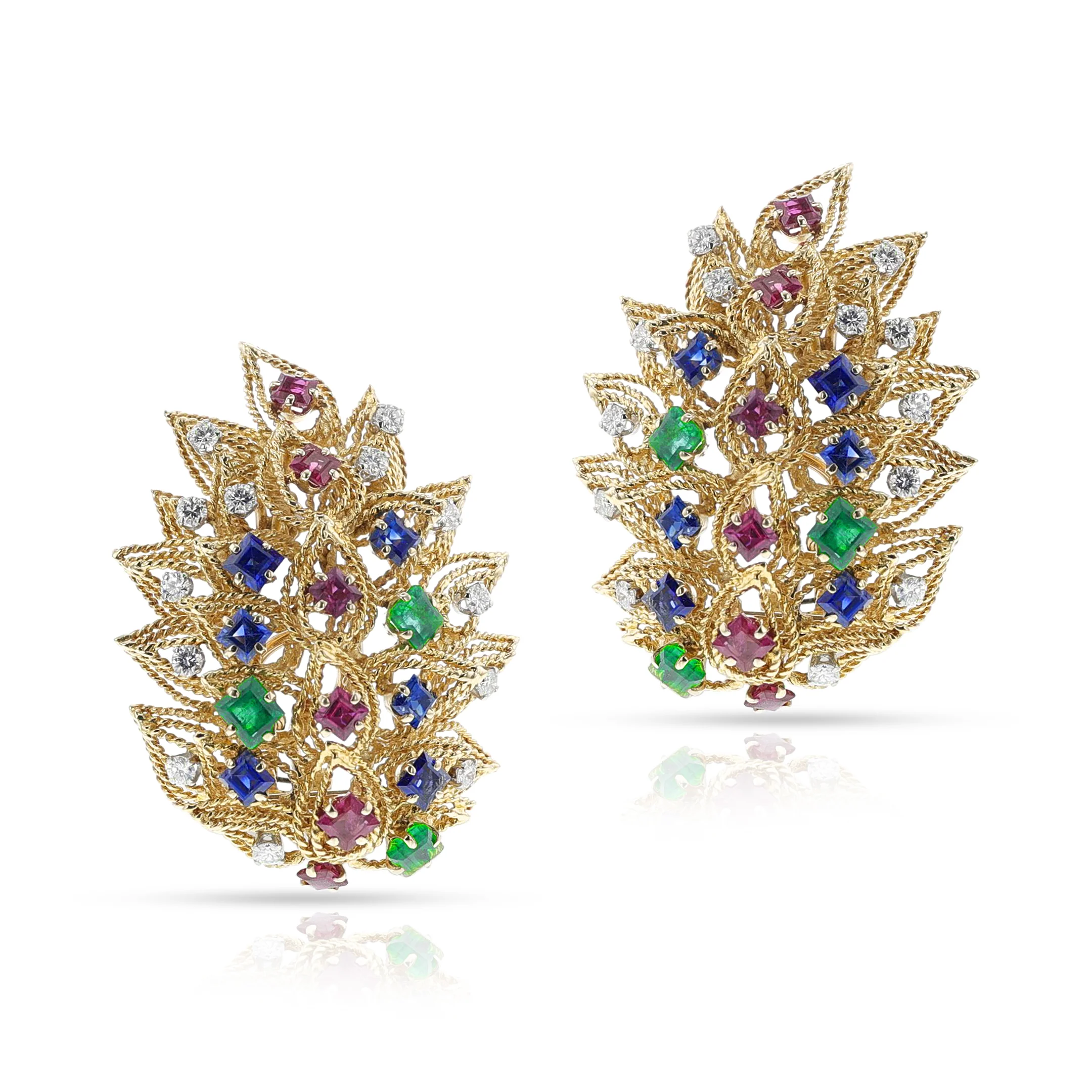 1960s David Webb Ruby, Emerald, Sapphire and Diamond Earrings/Brooch Pair, 18k