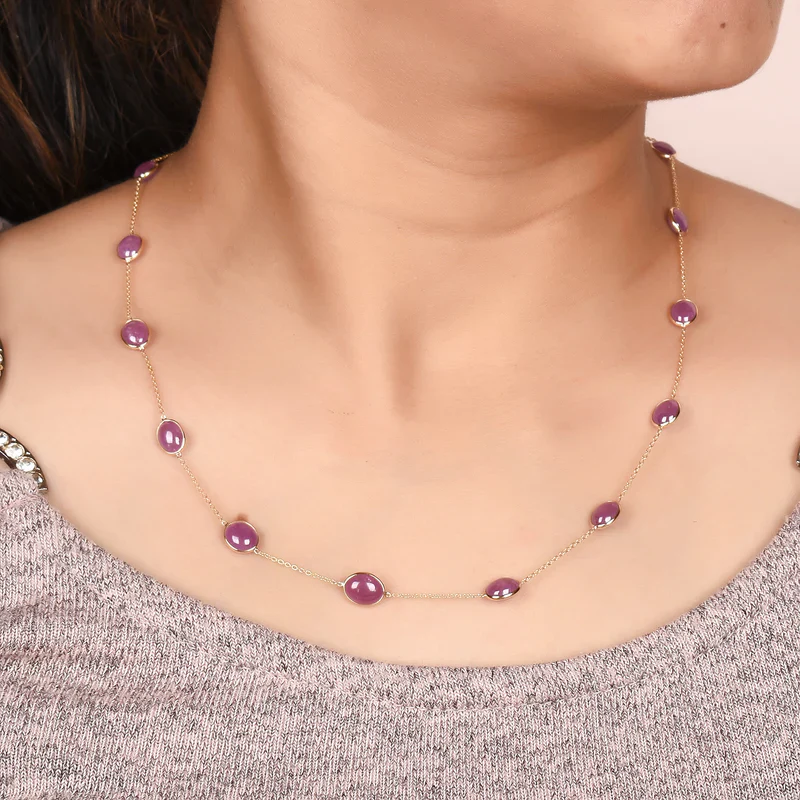 Dark Green and Red Tourmaline Cabochon Necklace, 18K Gold