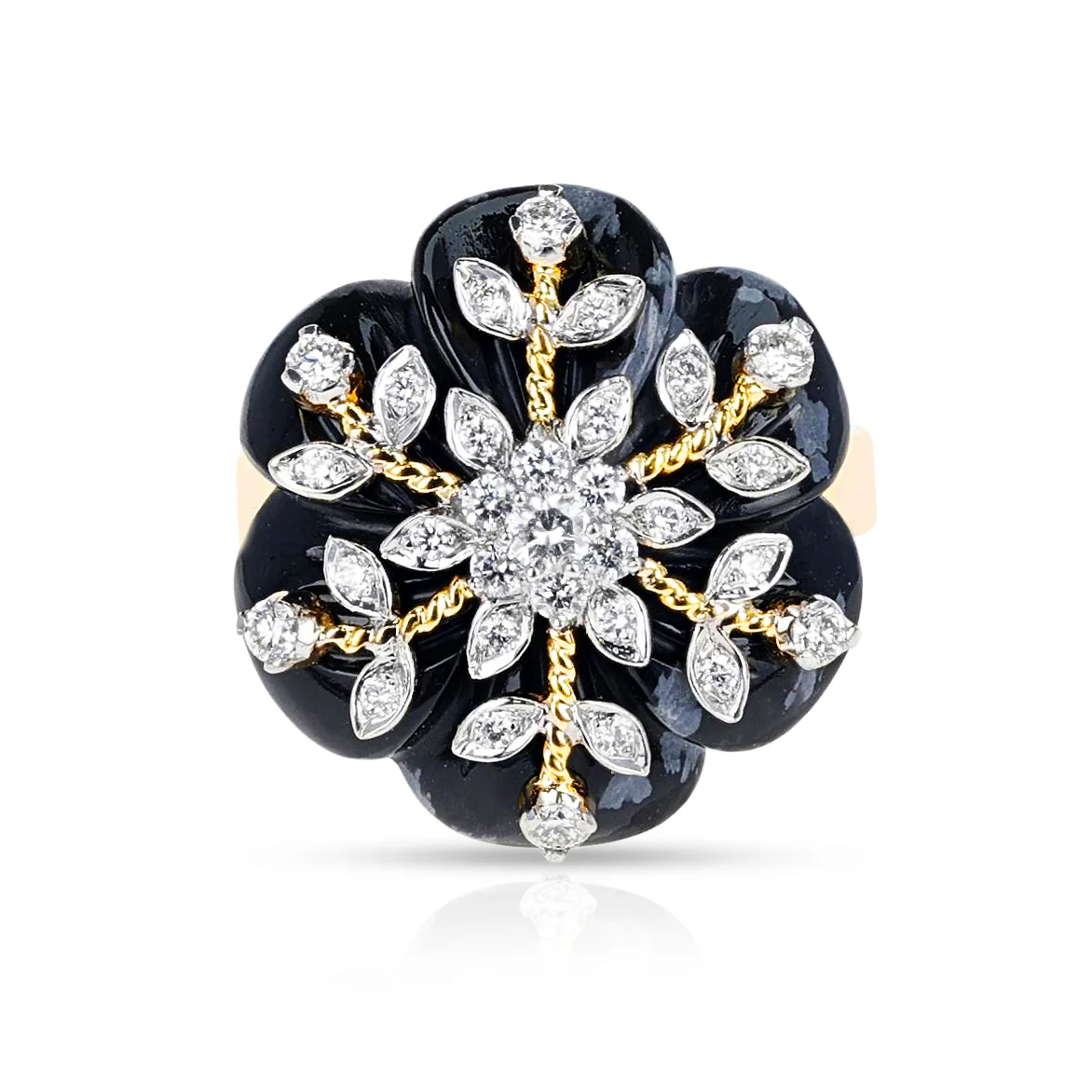 Carved Snowflake Obsidian Ring with Diamonds, 14k