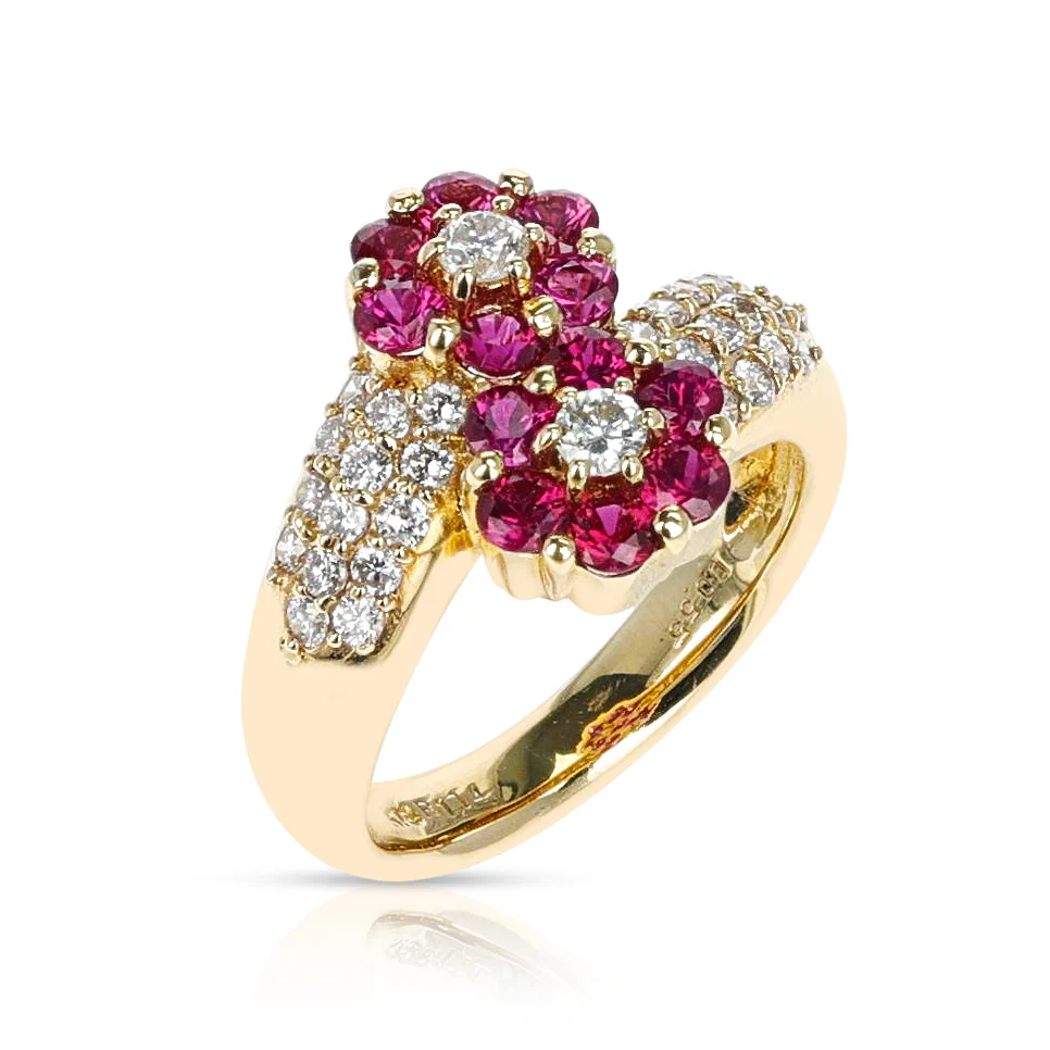 Double Flower 1.14 ct. Ruby Ring with 0.55 ct. Diamonds, 18K