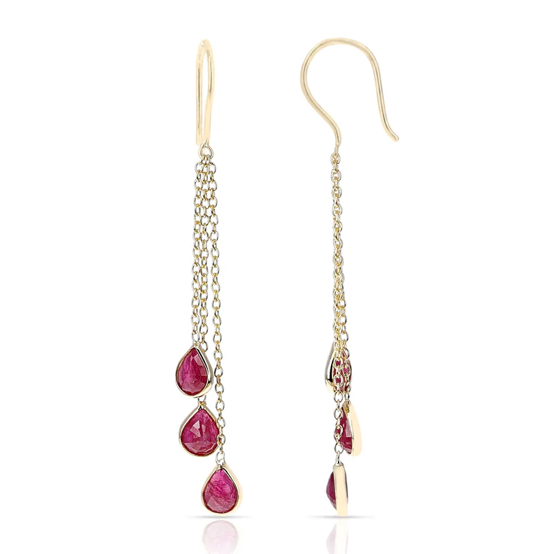 Ruby, Sapphire, Emerald Dangling Drops Earrings made in 18 Karat Yellow Gold.