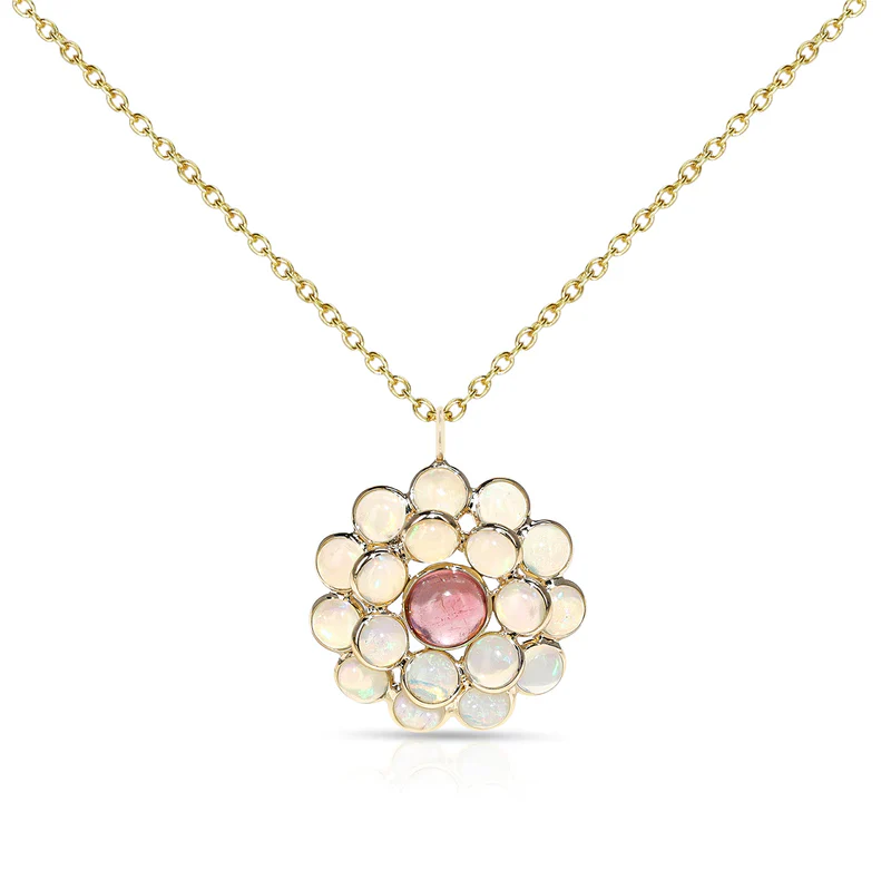 Triple Tier Gemstone Cabochon Floral Pendant, 18K Yellow Gold
