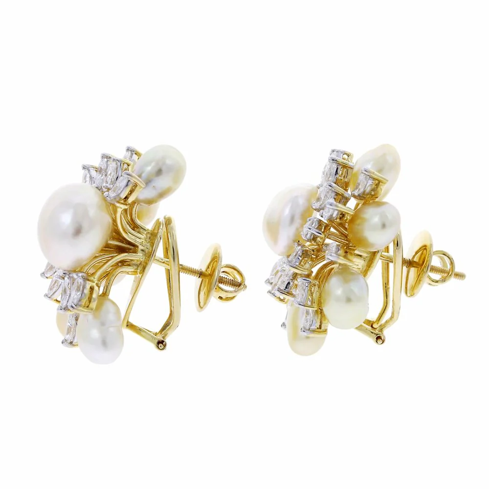 Semi-Circle Pearl and Diamond Earrings, 18K Yellow Gold
