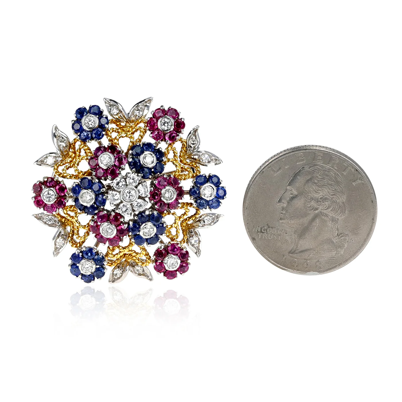 Floral Ruby, Sapphire and Diamond Brooch in 18K Yellow and White Gold