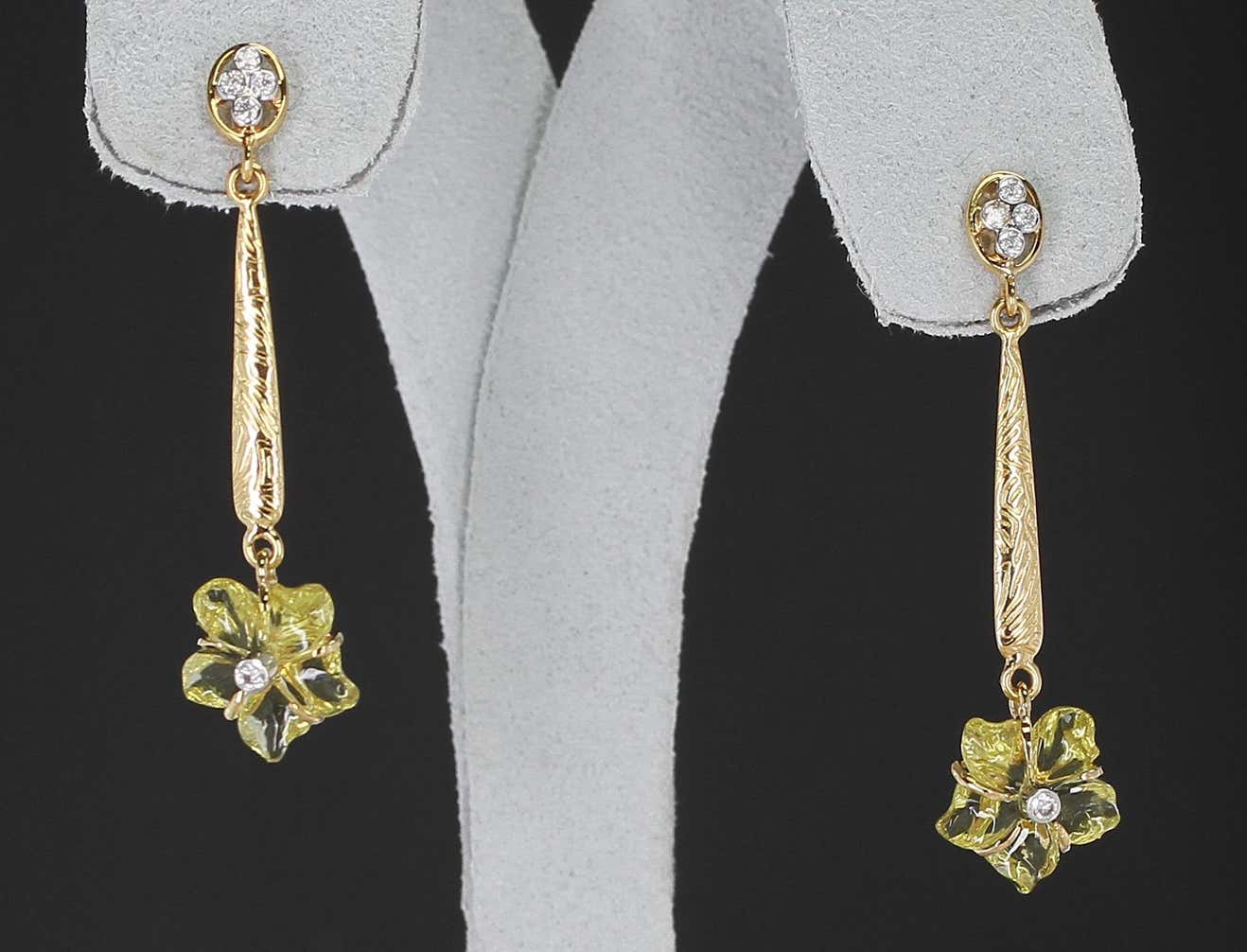 Carved Floral Lemon Topaz Drop Earrings with Diamonds, 14 Karat Gold