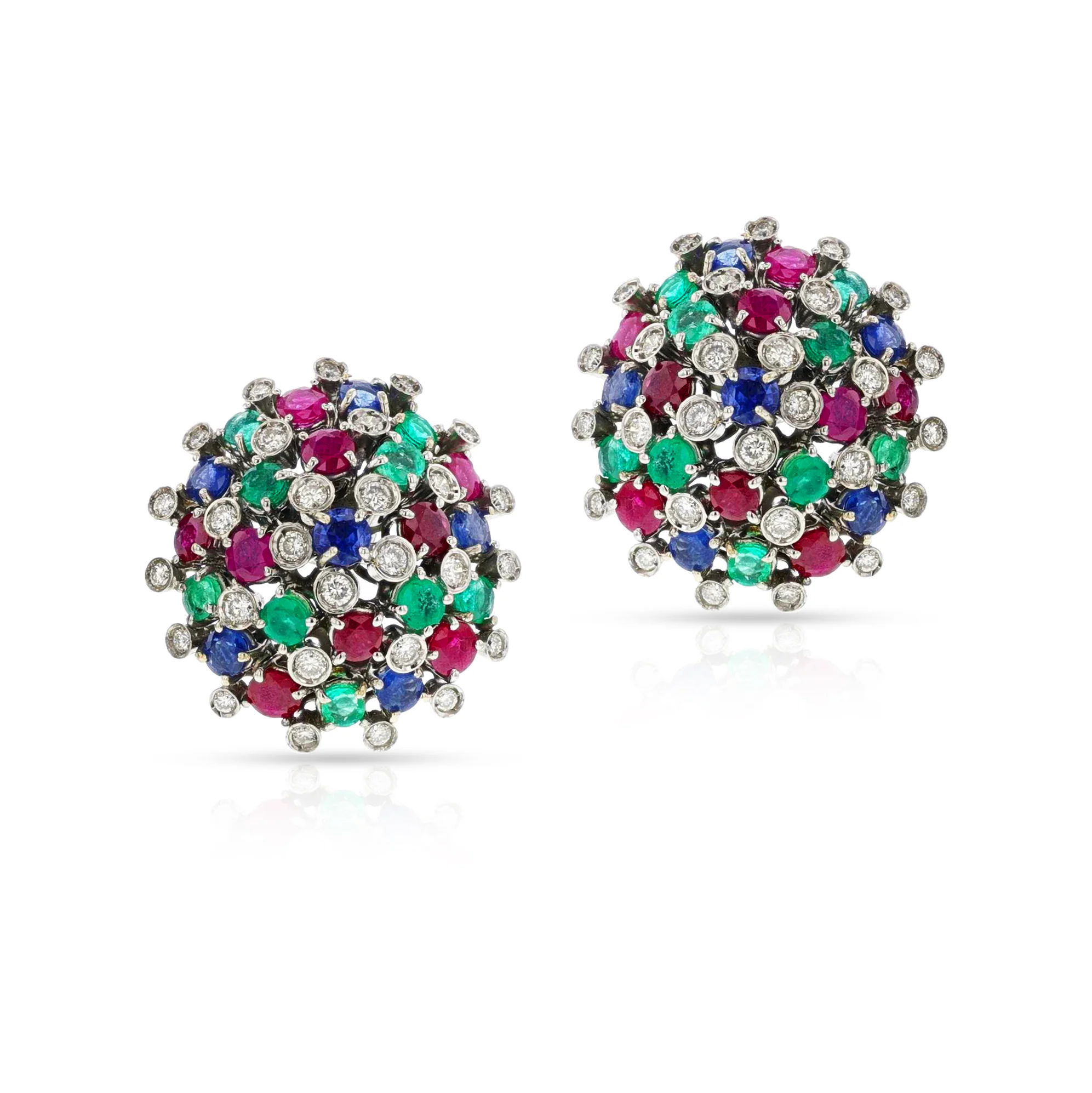Round Ruby, Emerald, Sapphire and Diamond Dome Earrings, 18k