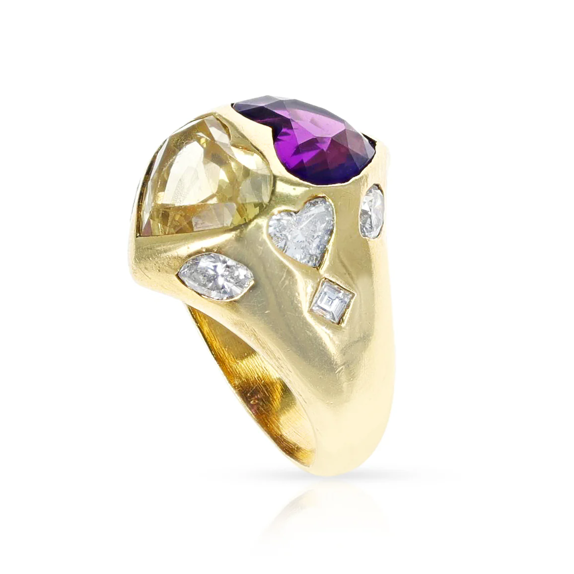 GIA Certified Heart Shape Natural Yellow Sapphire and Amethyst Twin Ring with Diamonds