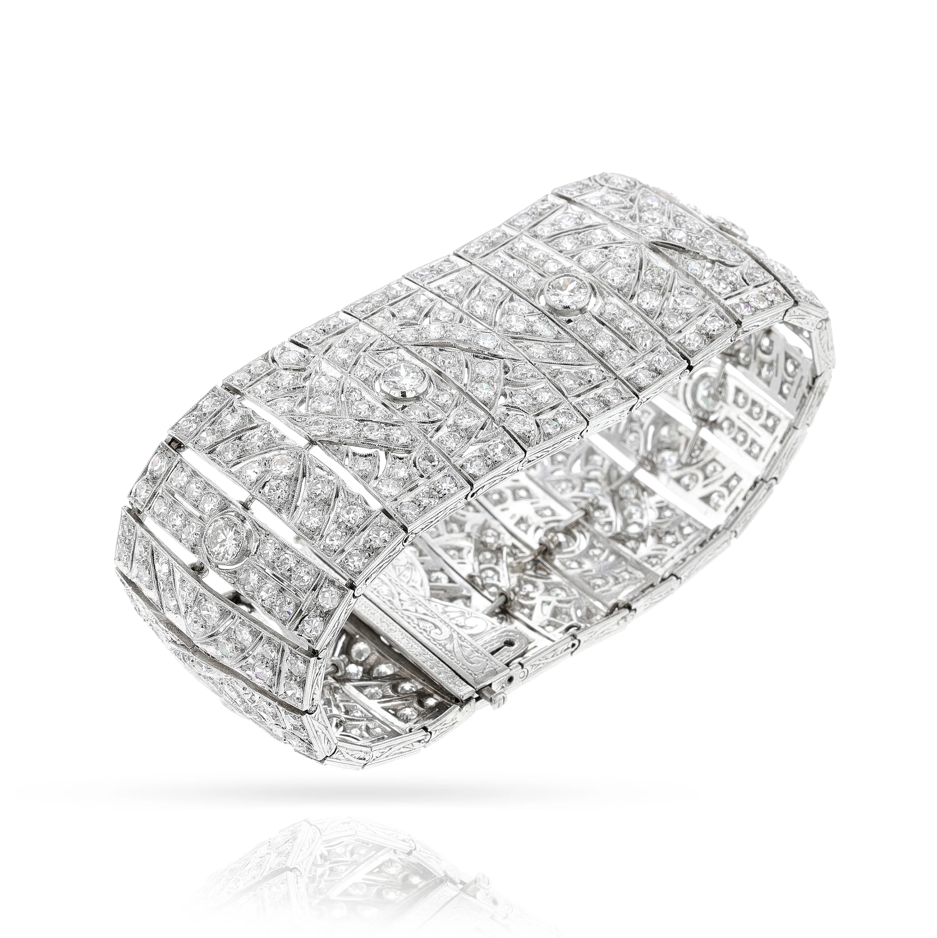 Wide Platinum Diamond Art Deco Bracelet