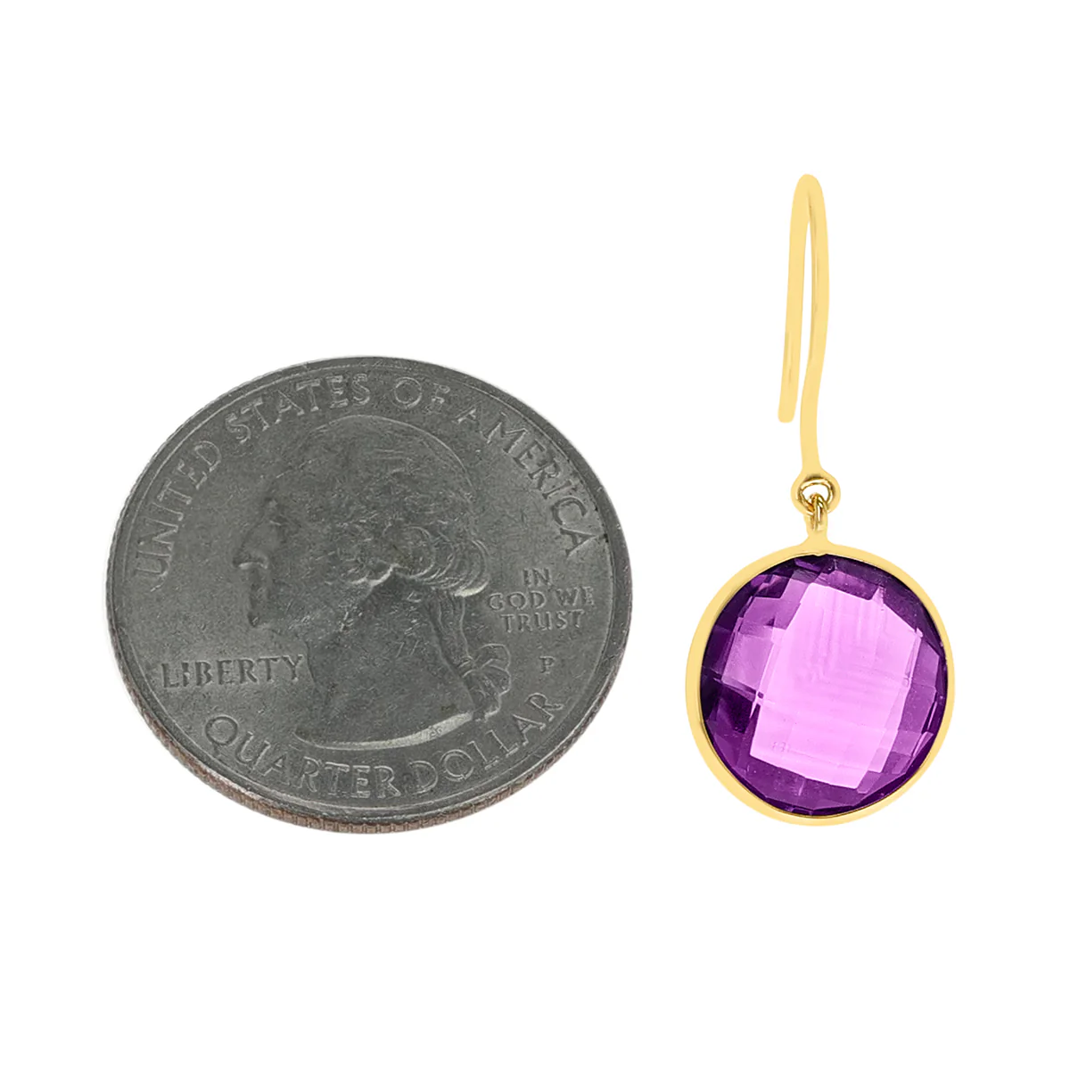 Amethyst Round Shape Dangling Earrings made in 18 Karat Yellow Gold.