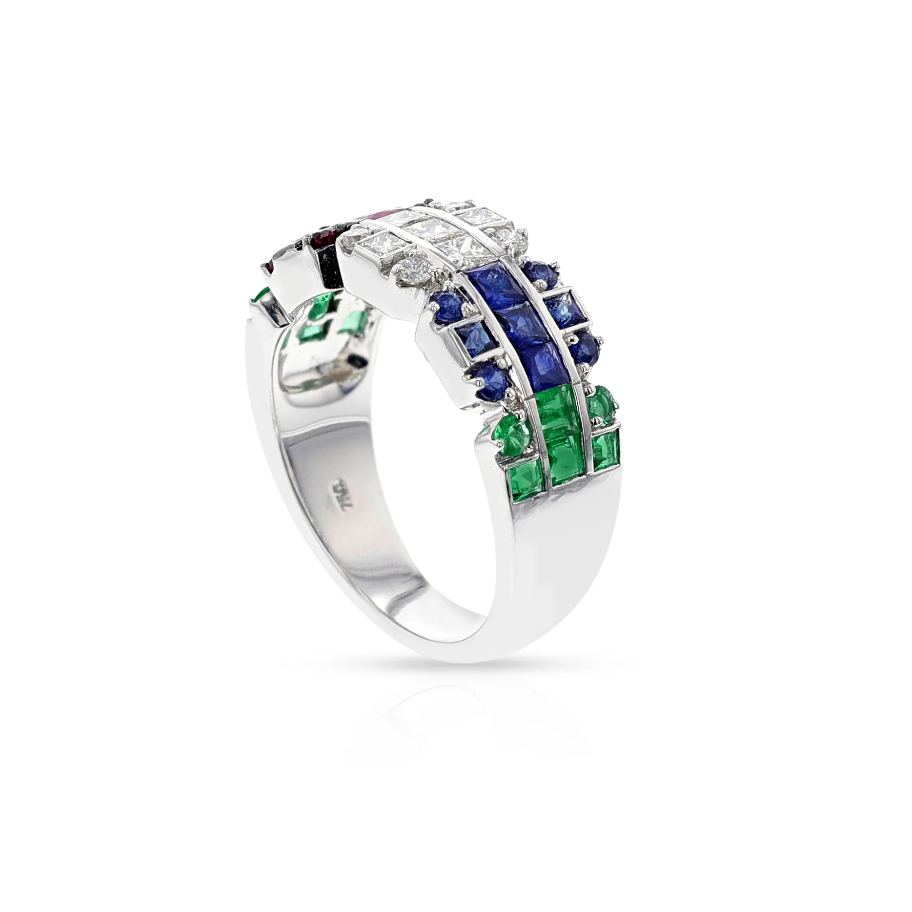 Diamond, Emerald, Ruby, Sapphire Ring, 18k White