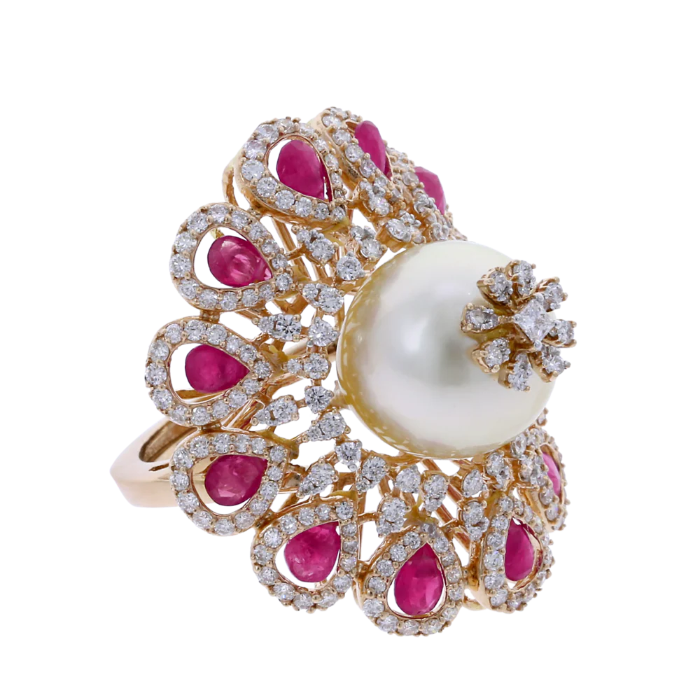 Ruby and Pearl Blooming Flower Ring with Diamonds
