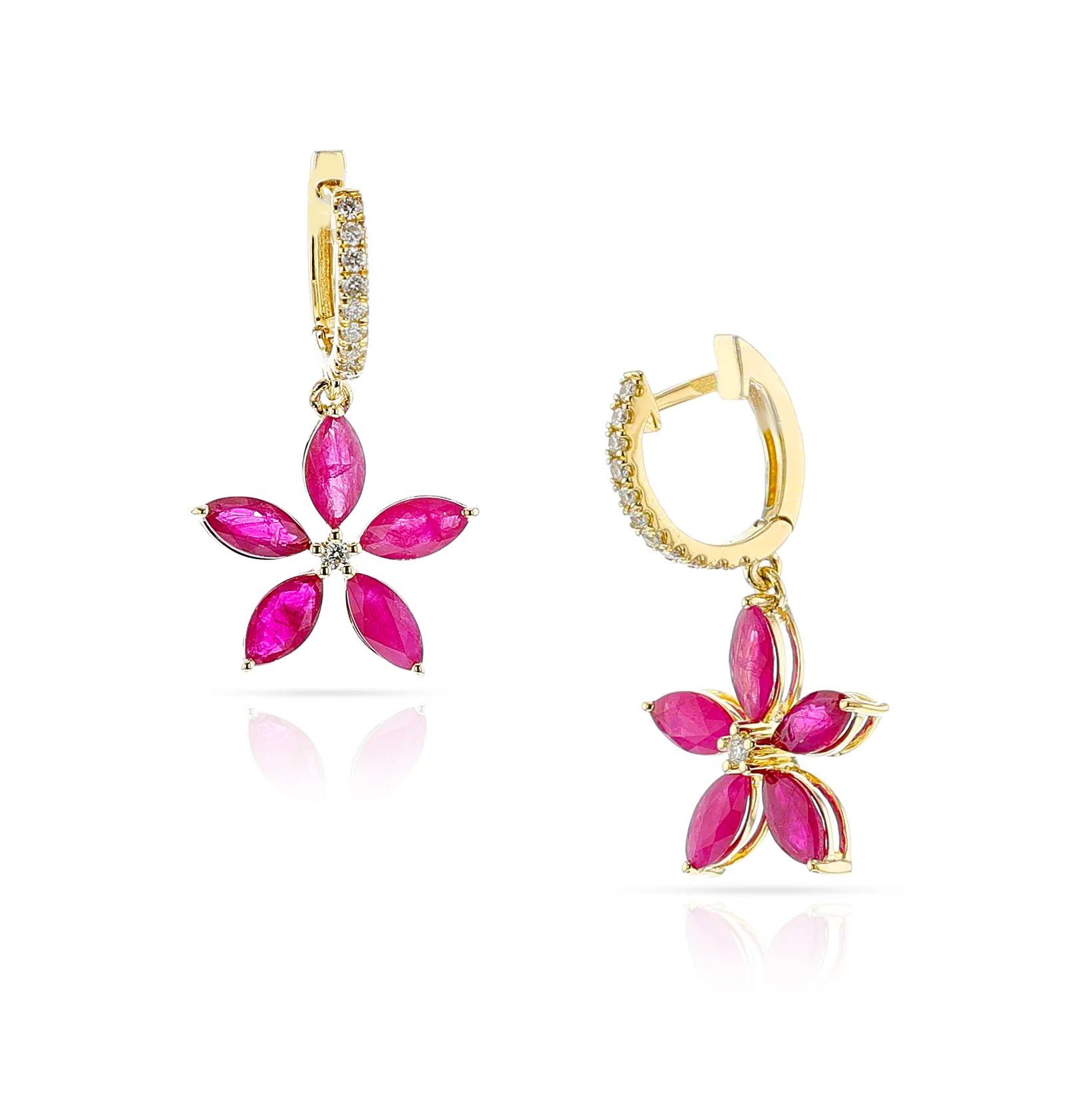Marquise Floral Ruby and Diamond Hoop Earrings, 18k