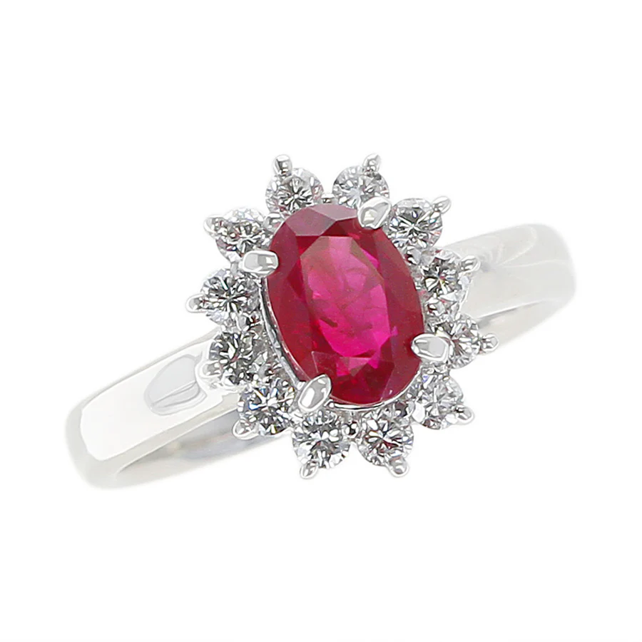 1.54 carat Oval Ruby Ring with Diamond Halo, Platinum