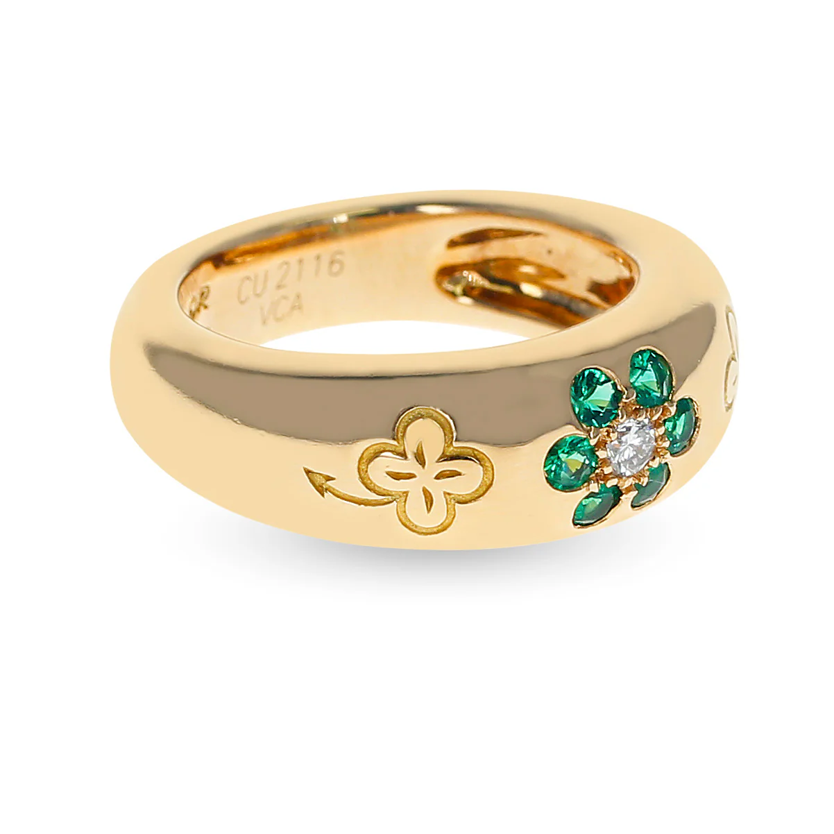 Van Cleef & Arpels Emerald and Diamond Floral Ring with Alhambra Design, 18K