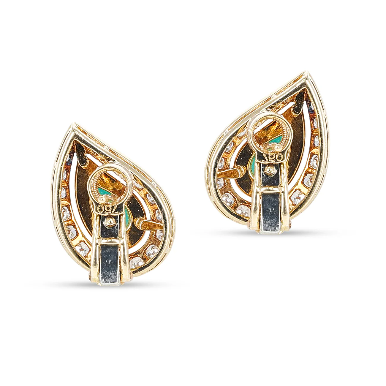 Cartier Pear Shape Emerald with Round Diamond Earrings, 18 Karat Gold