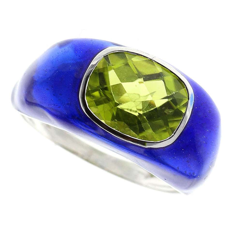 Blue Enamel and Peridot Ring, White Gold