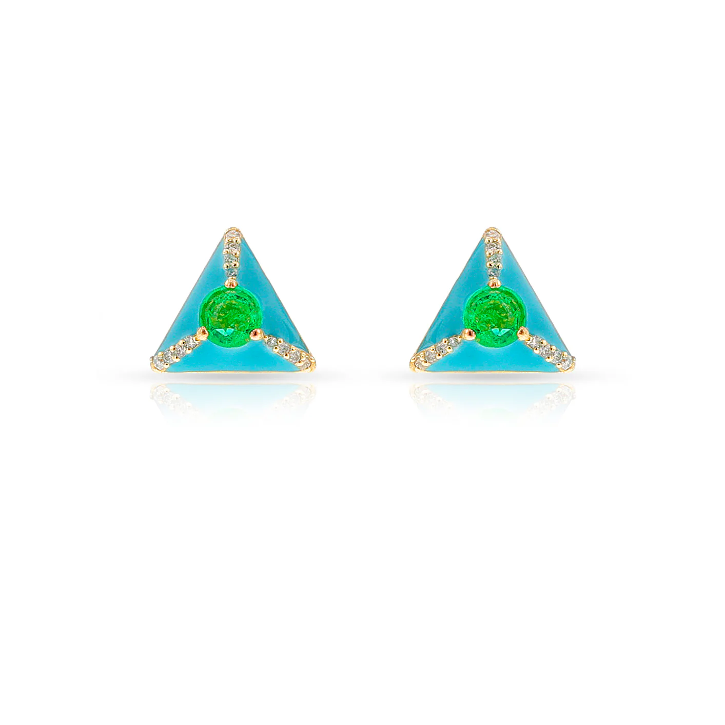 Emerald and Diamond Blue Enamel Triangular Earrings, 18k