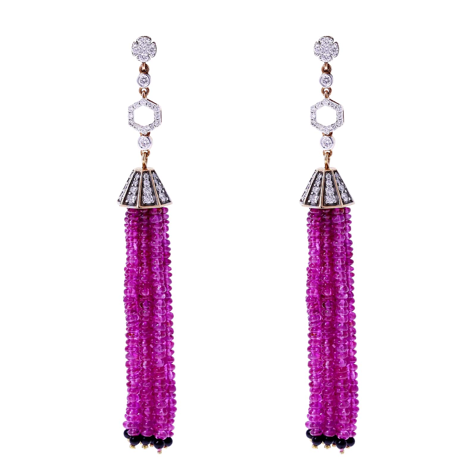 Ruby Beads Tassel Earrings with Diamonds and Onyx, 18k